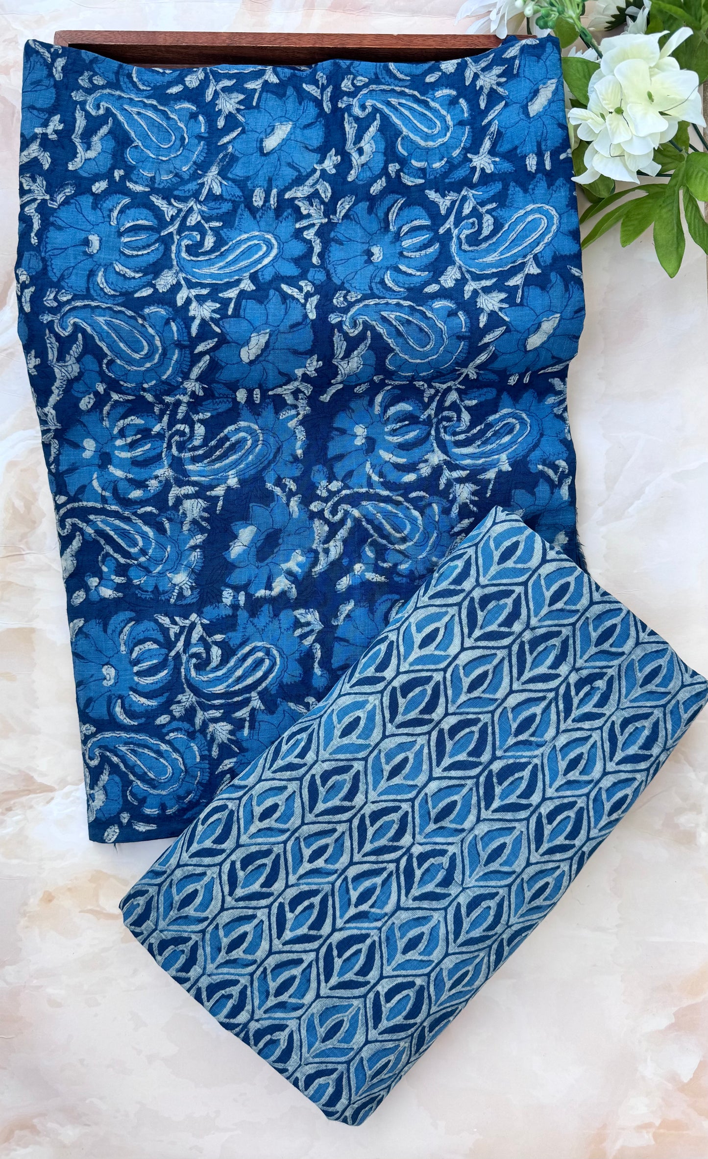 Akola Dabu Paisley Floral Motif Hand Block Pure Cotton Set-2pc-Indigo