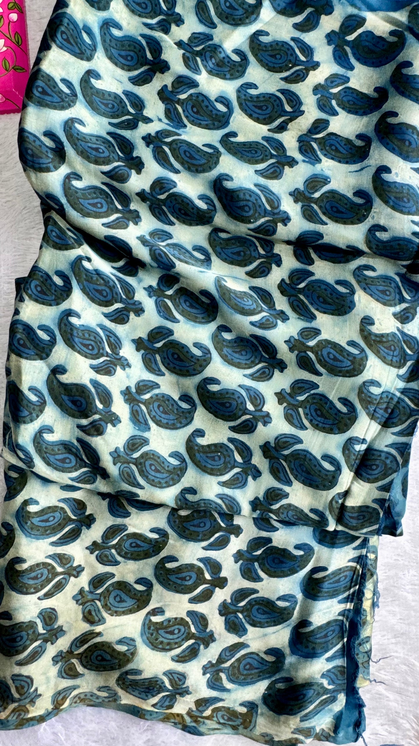 Turquiose Shade Floral Motif Vanaspati Hand Block Print Pure Modal Silk Fabric