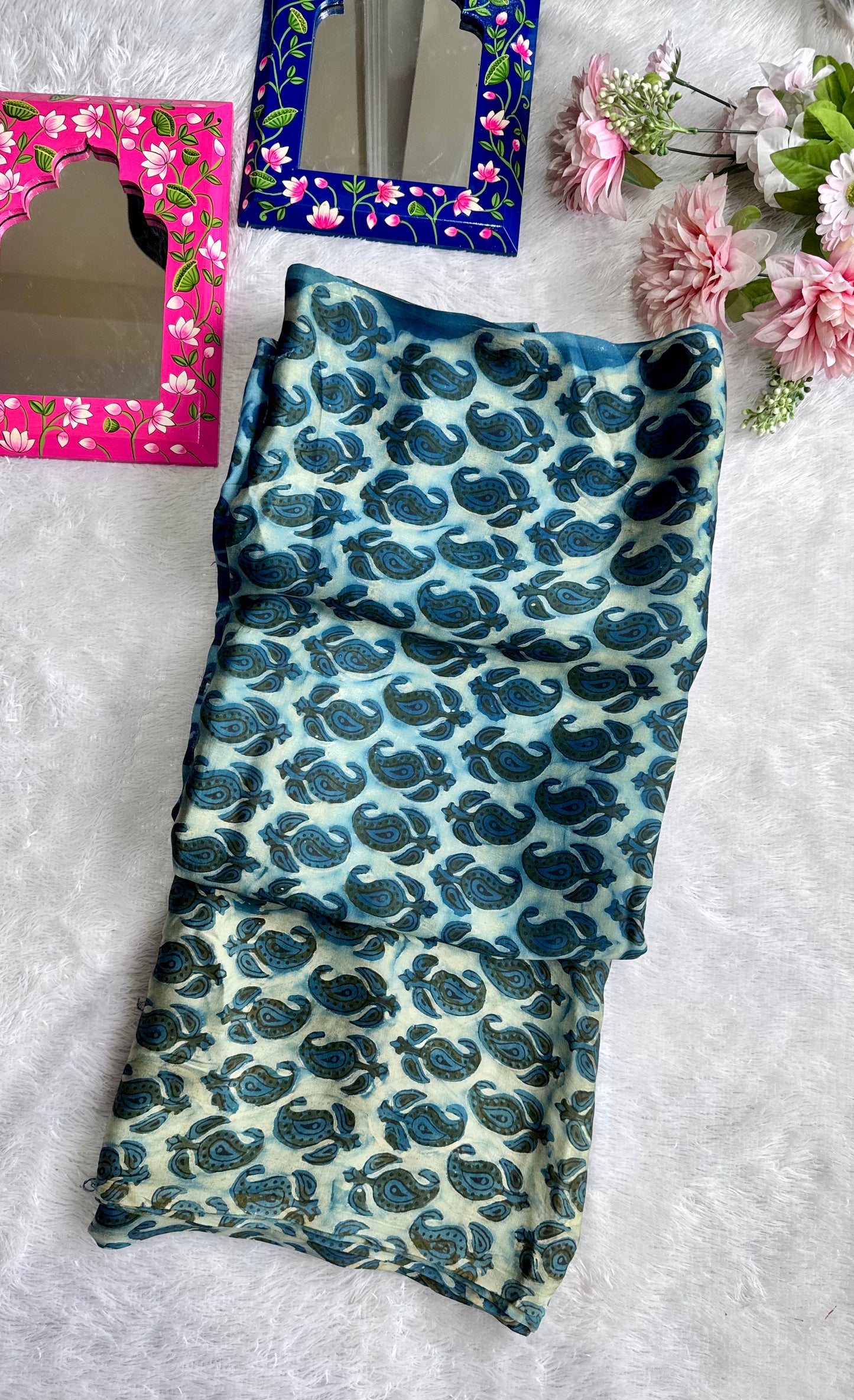 Turquiose Shade Floral Motif Vanaspati Hand Block Print Pure Modal Silk Fabric