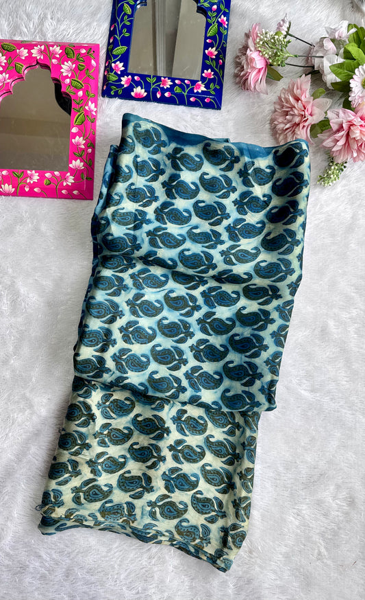 Turquiose Shade Floral Motif Vanaspati Hand Block Print Pure Modal Silk Fabric