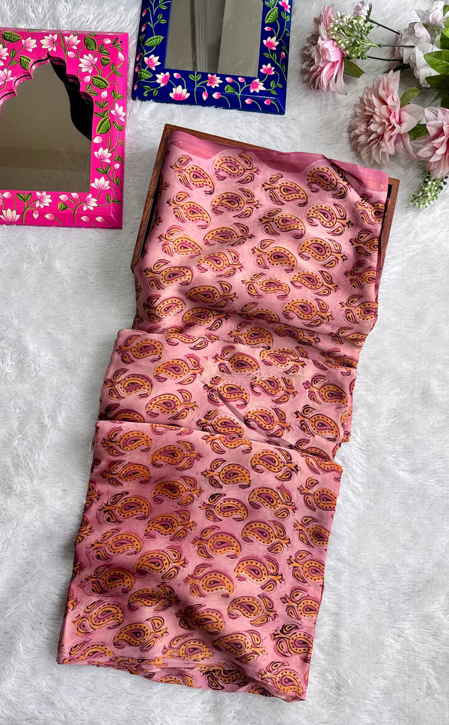 Brick Red Shade Badam Buta Vanaspati Hand Block Print Pure Modal Silk Fabric