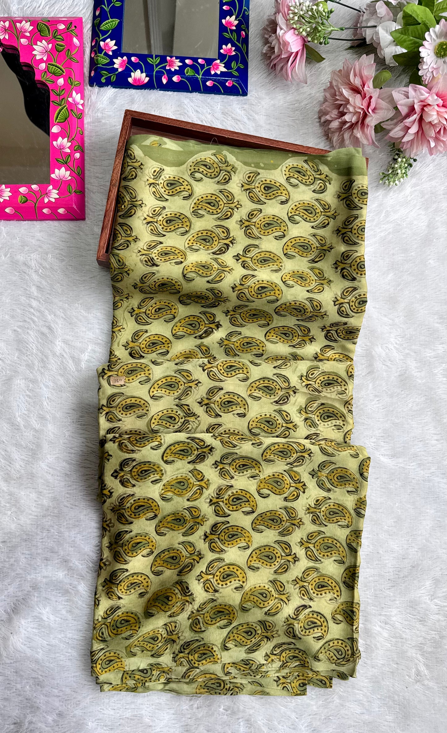 Earthy Green Shade Badam Motif Vanaspati Hand Block Print Pure Modal Silk Fabric