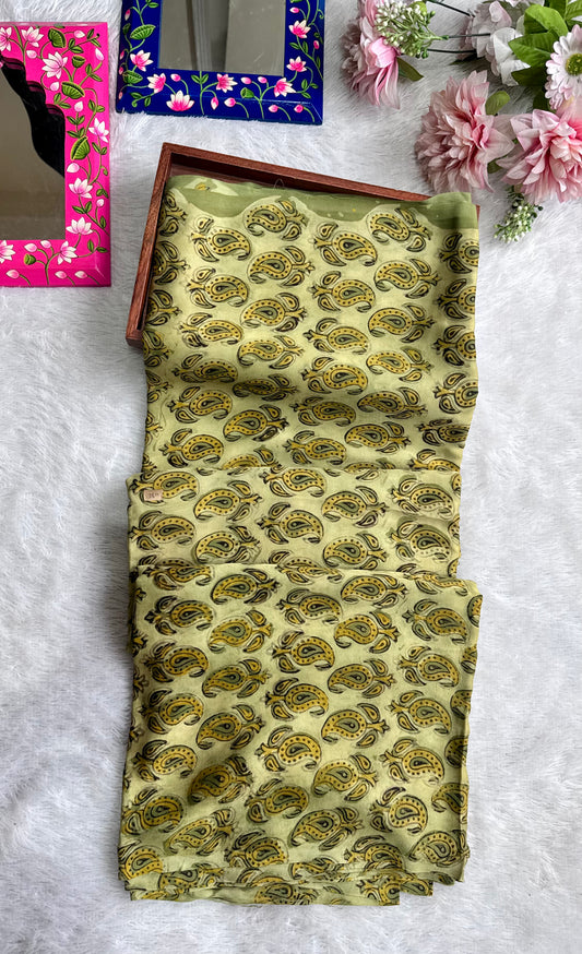 Earthy Green Shade Badam Motif Vanaspati Hand Block Print Pure Modal Silk Fabric