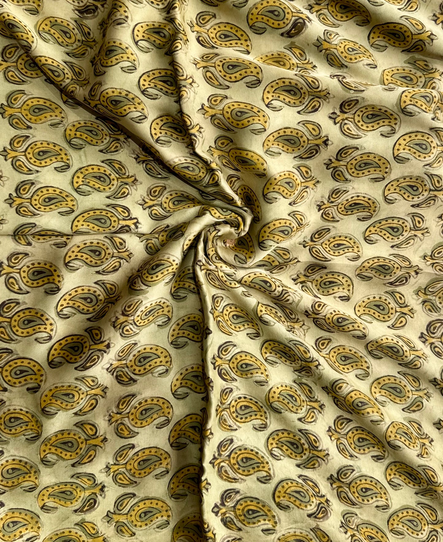 Earthy Green Shade Badam Motif Vanaspati Hand Block Print Pure Modal Silk Fabric