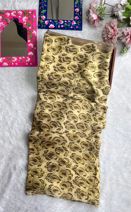 Beige Shade Badaam Motif Vanaspati Hand Block Print Pure Modal Silk Fabric