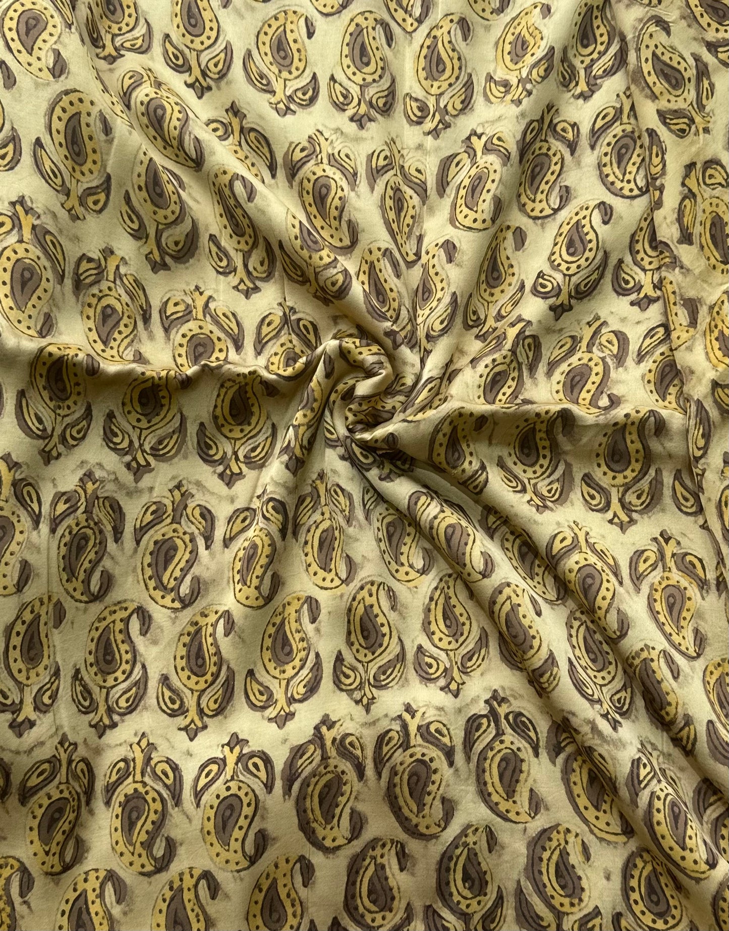 Beige Shade Badaam Motif Vanaspati Hand Block Print Pure Modal Silk Fabric