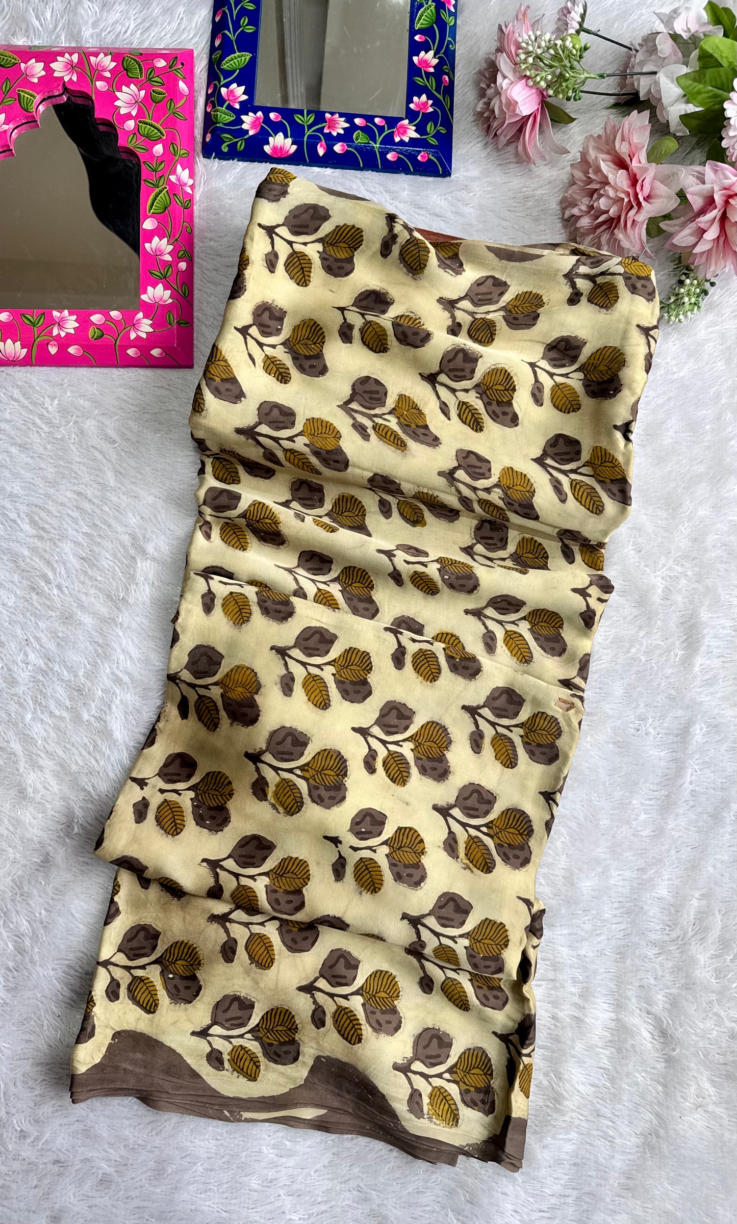 Beige Shade Floral Motif Vanaspati Hand Block Print Pure Modal Silk Fabric