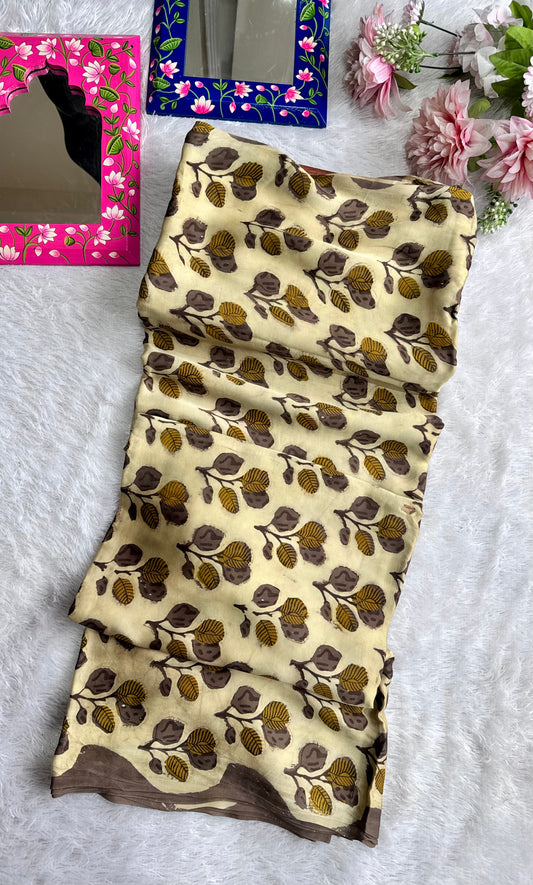 Beige Shade Floral Motif Vanaspati Hand Block Print Pure Modal Silk Fabric