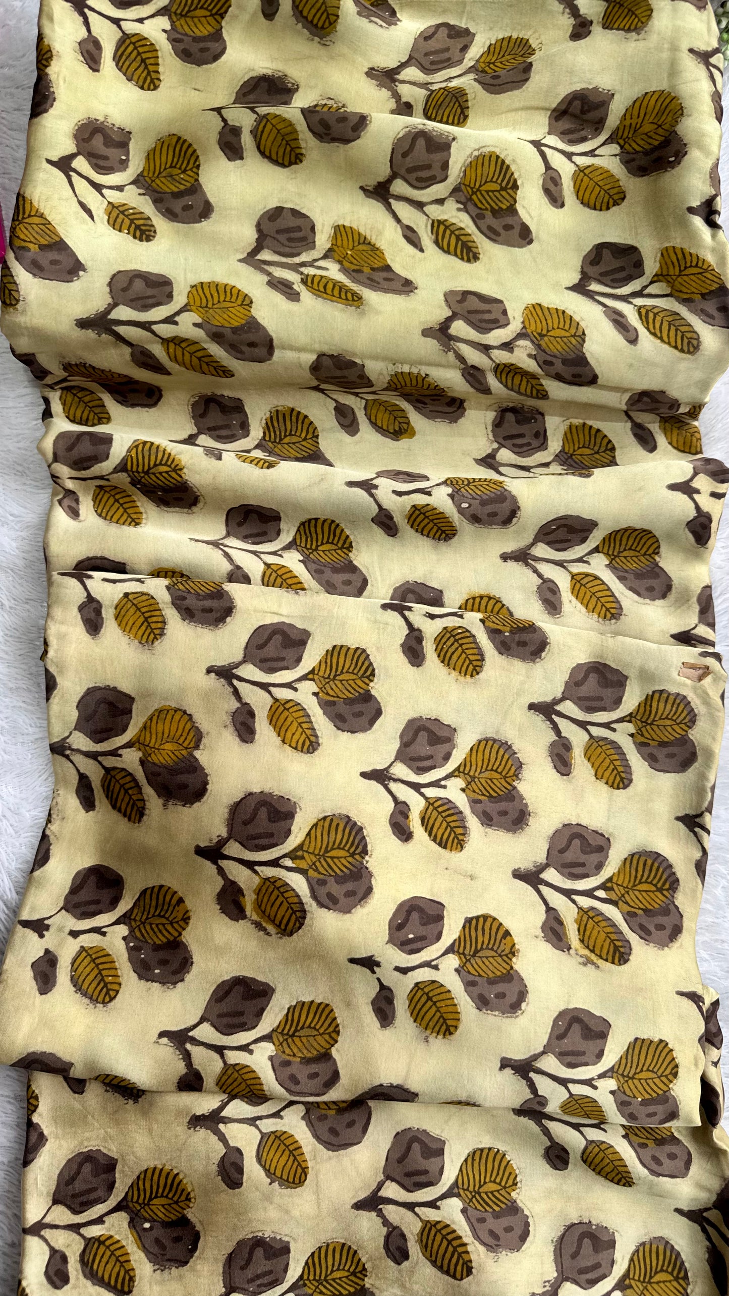 Beige Shade Floral Motif Vanaspati Hand Block Print Pure Modal Silk Fabric