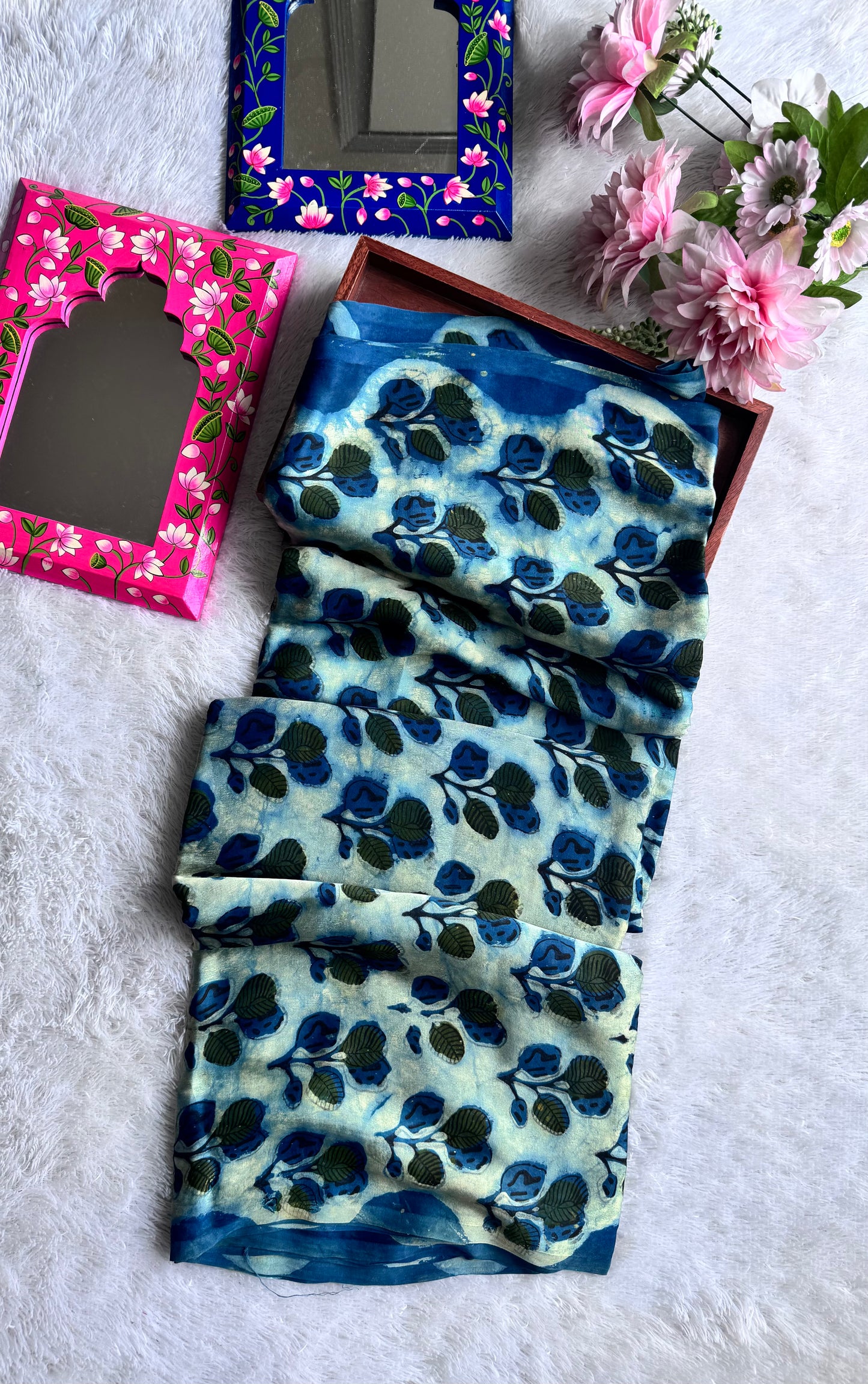 Indigo Shade Leaf Cluster Motif Vanaspati Hand Block Print Pure Modal Silk Fabric