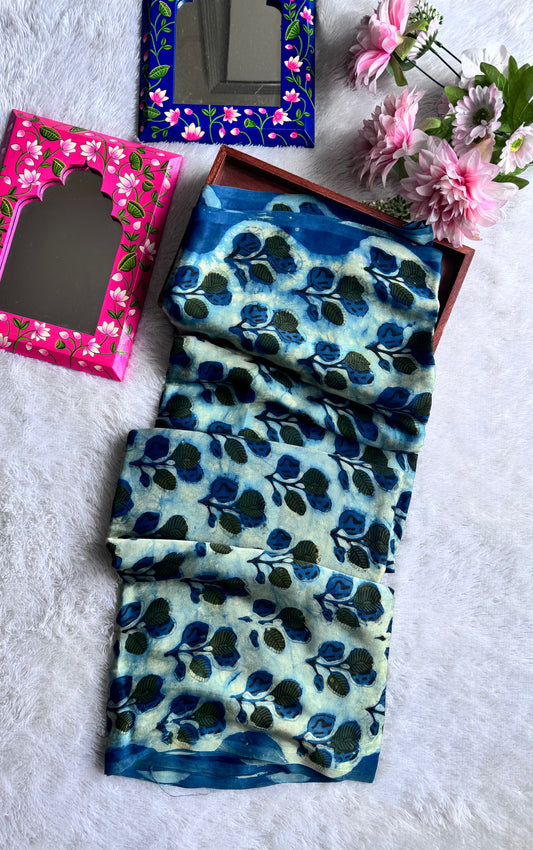 Indigo Shade Leaf Cluster Motif Vanaspati Hand Block Print Pure Modal Silk Fabric