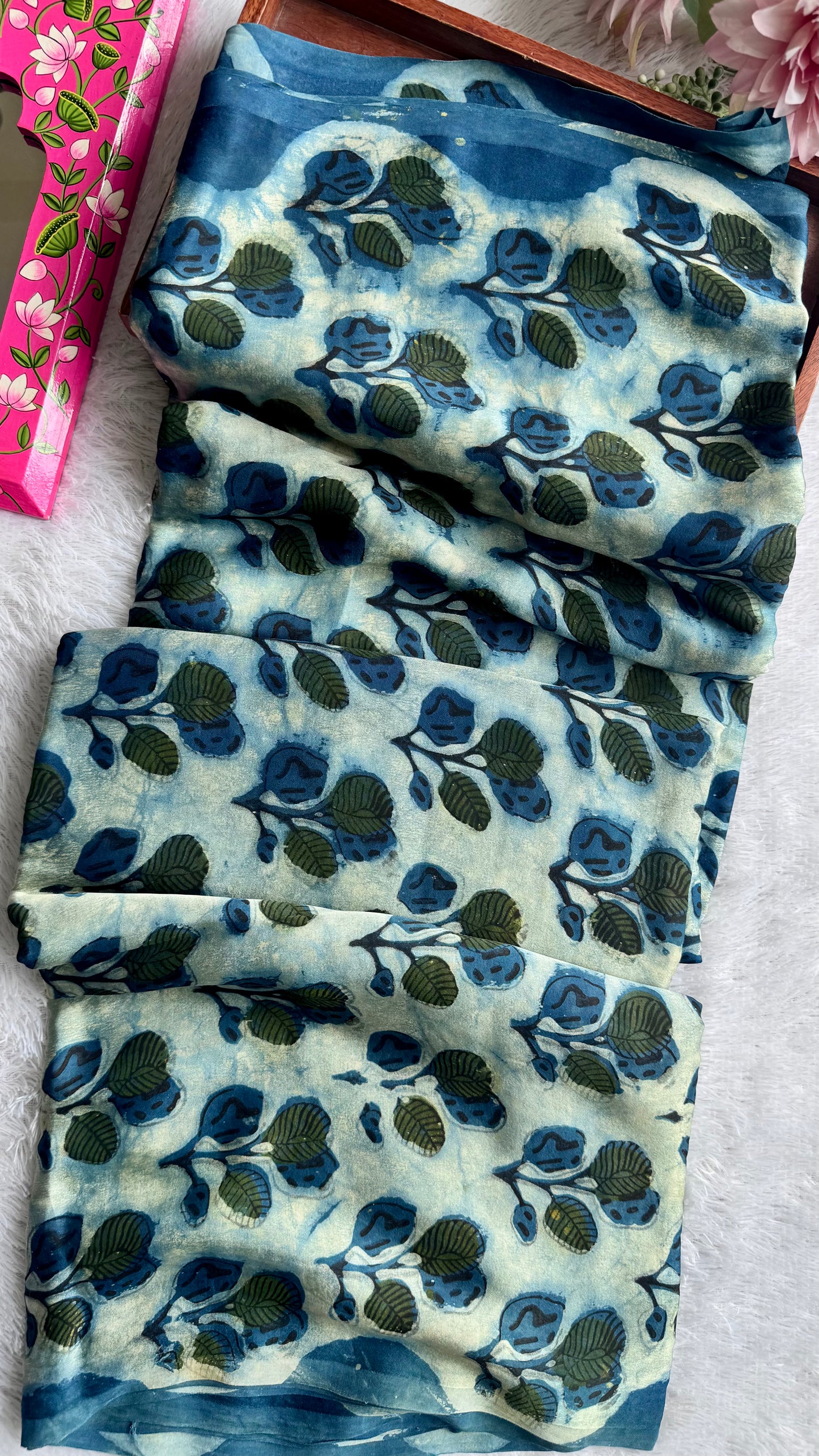 Indigo Shade Leaf Cluster Motif Vanaspati Hand Block Print Pure Modal Silk Fabric