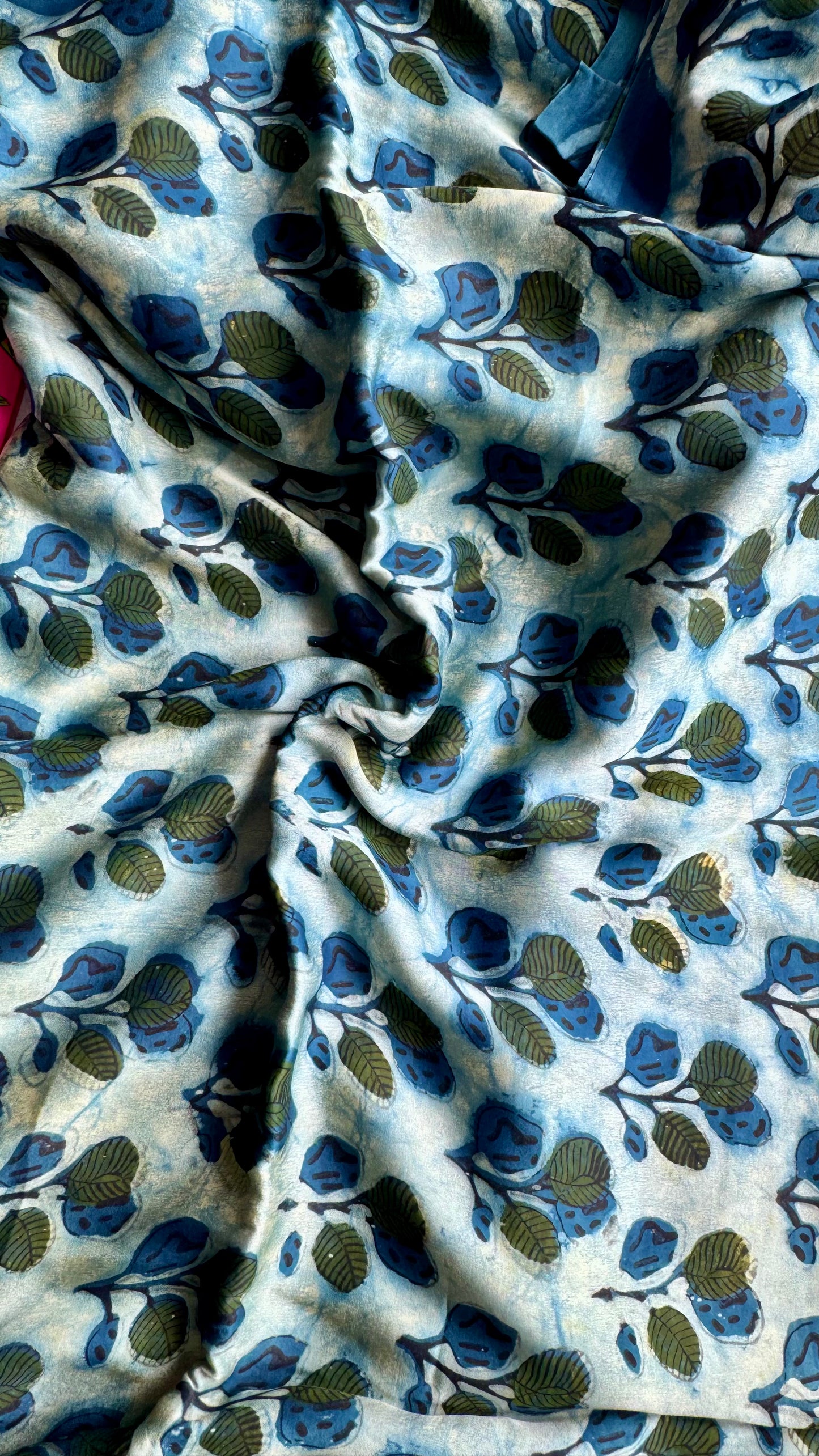 Indigo Shade Leaf Cluster Motif Vanaspati Hand Block Print Pure Modal Silk Fabric