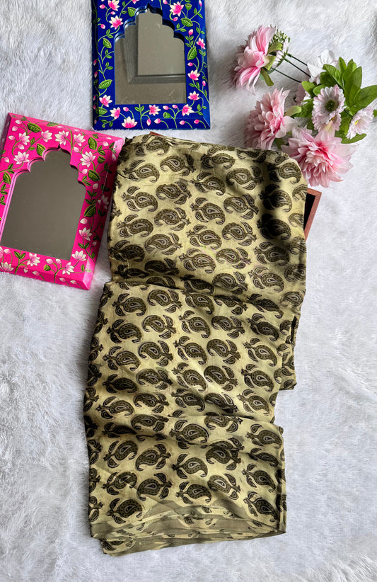 Beige Shade Badaam Floral Motif Vanaspati Hand Block Print Pure Modal Silk Fabric