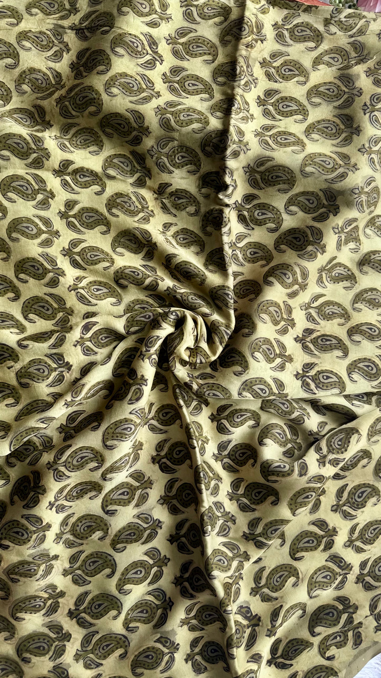 Beige Shade Badaam Floral Motif Vanaspati Hand Block Print Pure Modal Silk Fabric