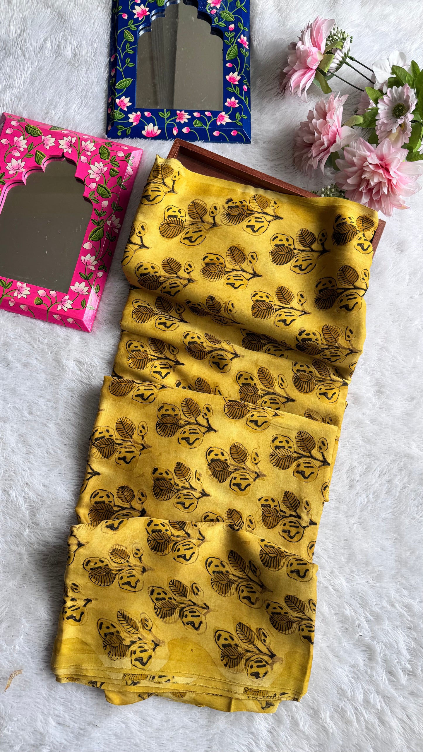 Yellow Shade Leaf Cluster Motif Vanaspati Hand Block Print Pure Modal Silk Fabric