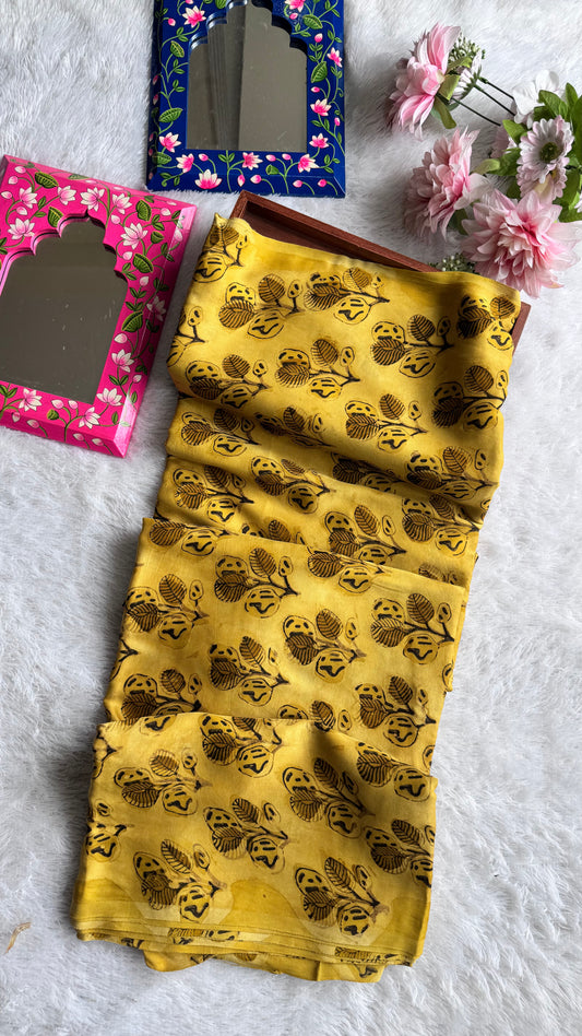 Yellow Shade Leaf Cluster Motif Vanaspati Hand Block Print Pure Modal Silk Fabric