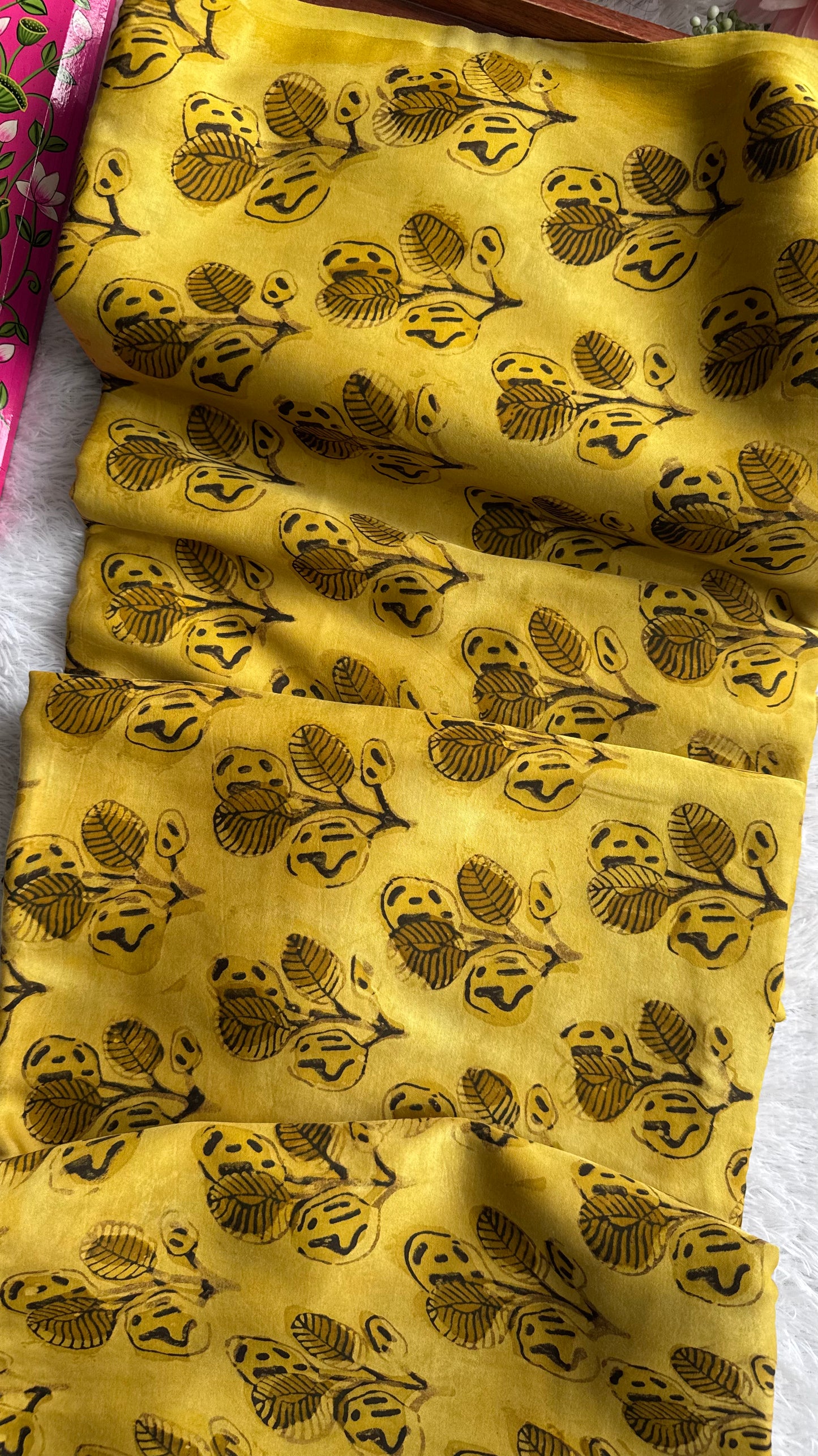Yellow Shade Leaf Cluster Motif Vanaspati Hand Block Print Pure Modal Silk Fabric