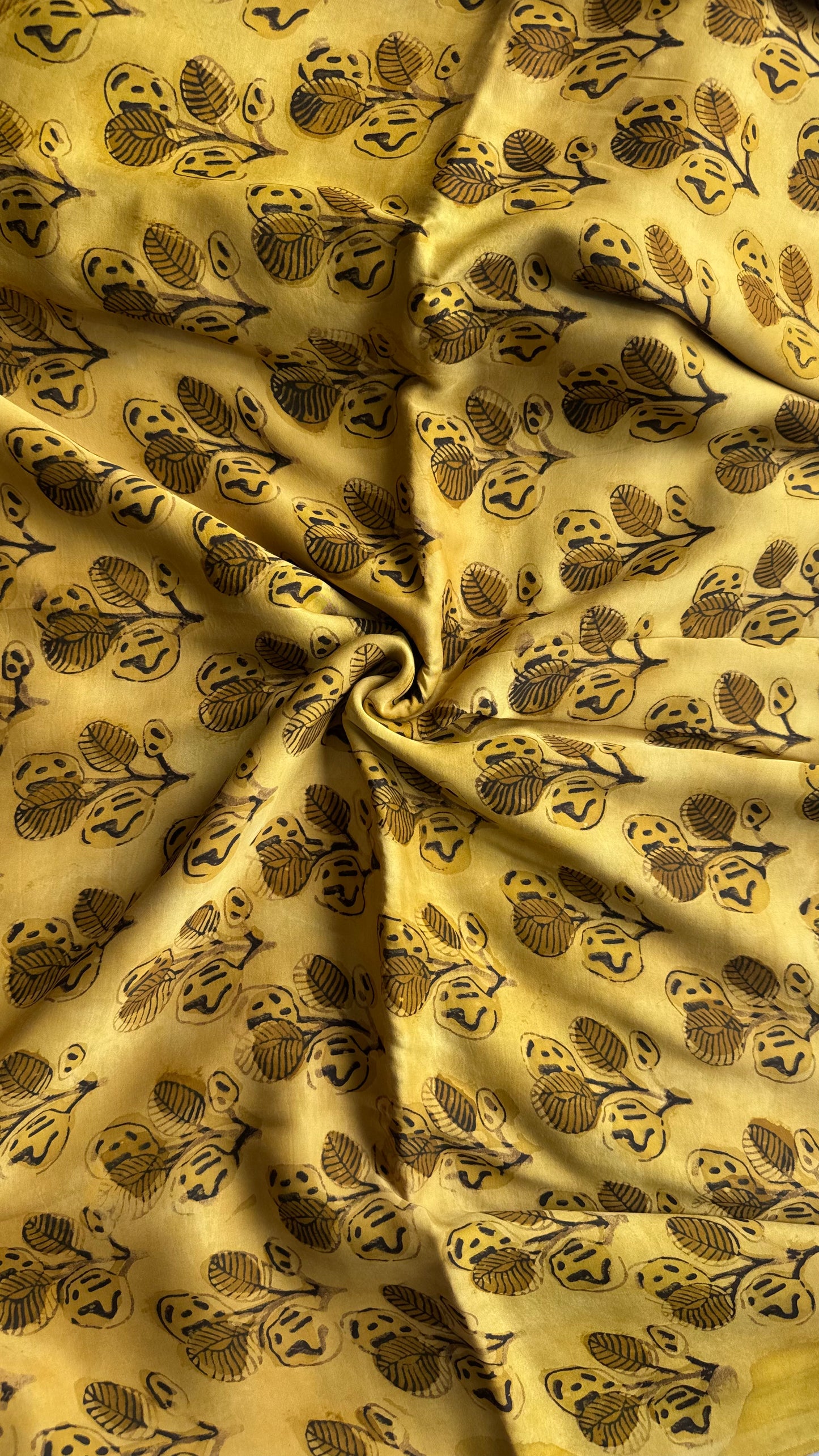 Yellow Shade Leaf Cluster Motif Vanaspati Hand Block Print Pure Modal Silk Fabric