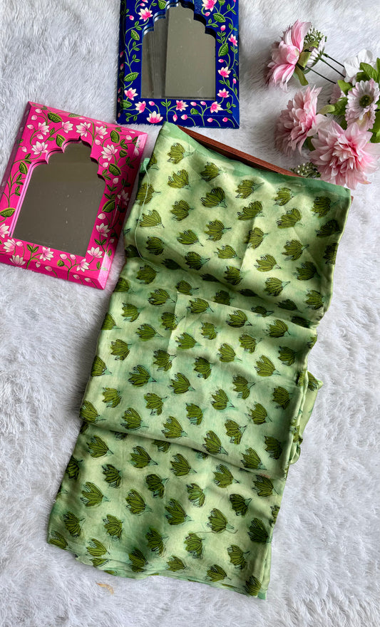 Green Shade Blooming Bud Motif Vanaspati Hand Block Print Pure Modal Silk Fabric