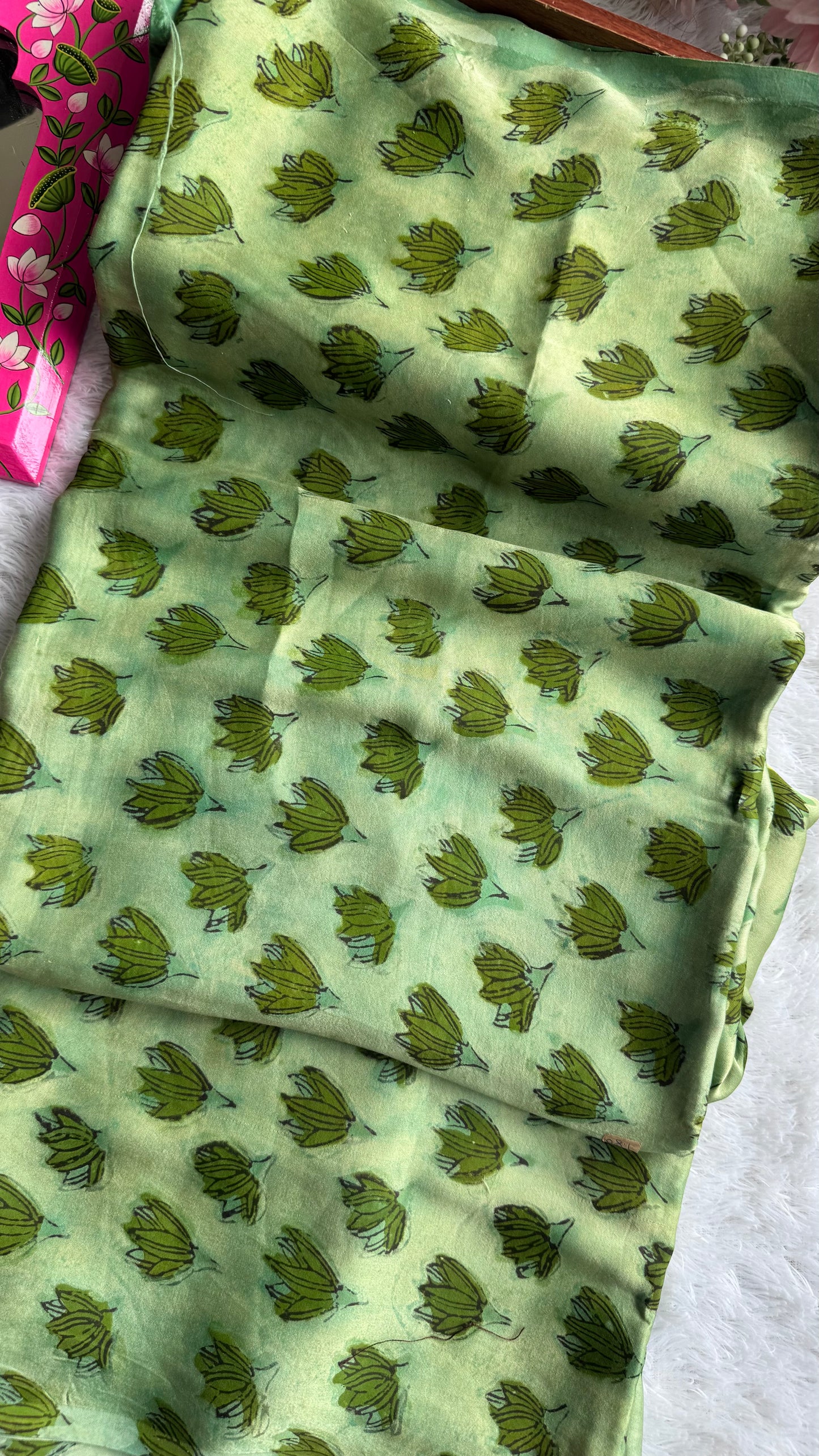 Green Shade Blooming Bud Motif Vanaspati Hand Block Print Pure Modal Silk Fabric