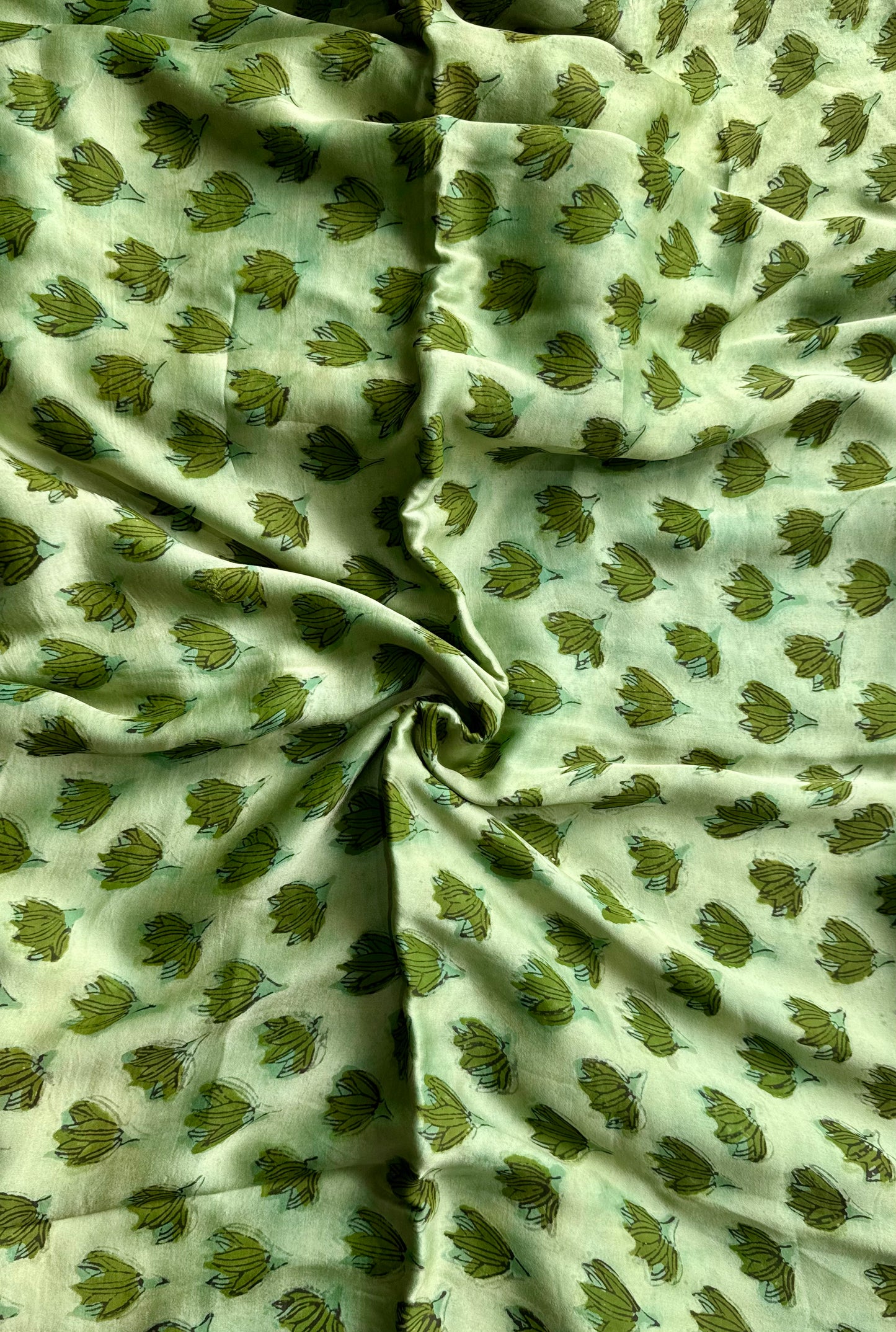 Green Shade Blooming Bud Motif Vanaspati Hand Block Print Pure Modal Silk Fabric
