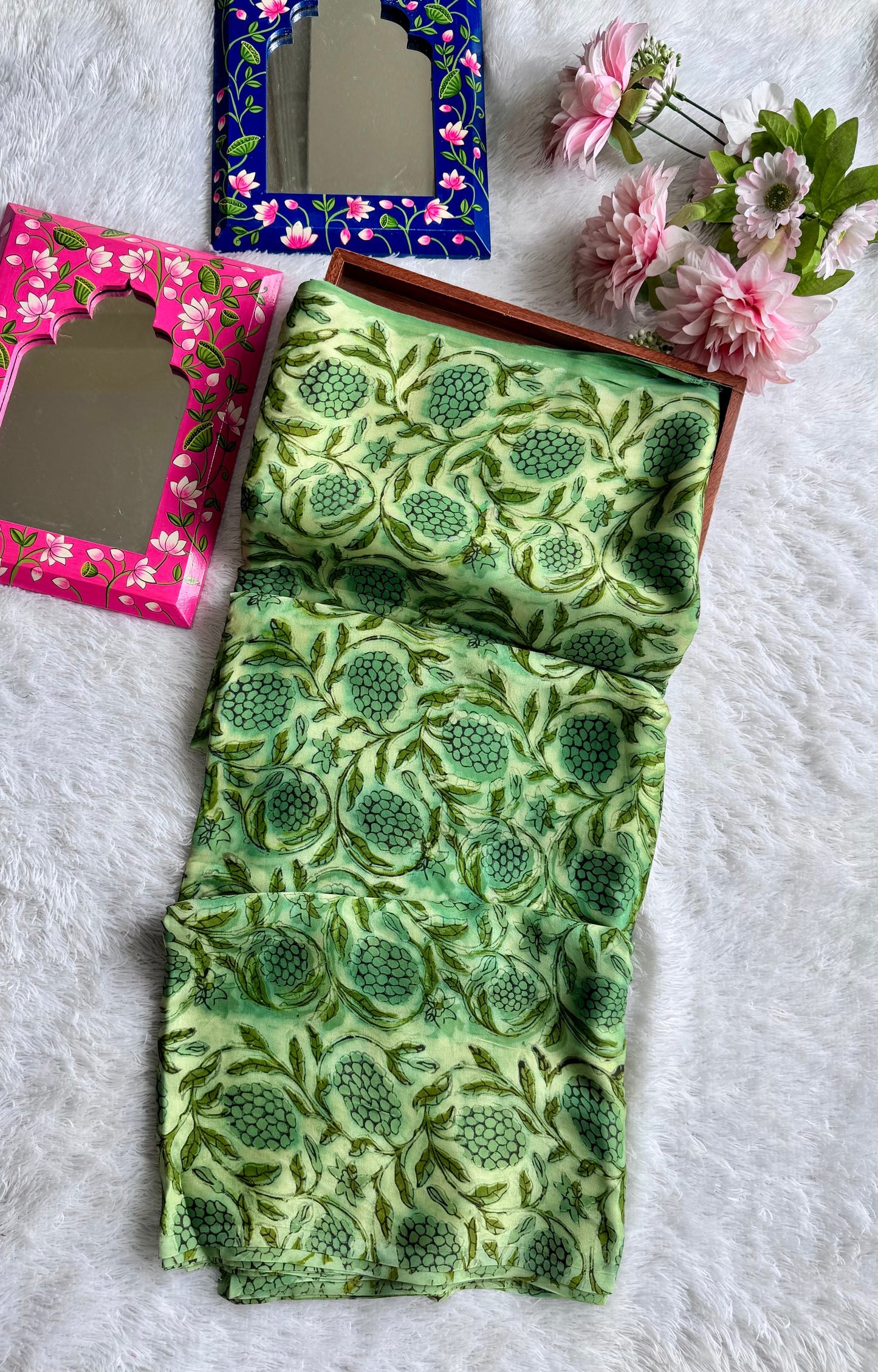 Green Shade Grape Cluster Motif Vanaspati Hand Block Print Pure Modal Silk Fabric