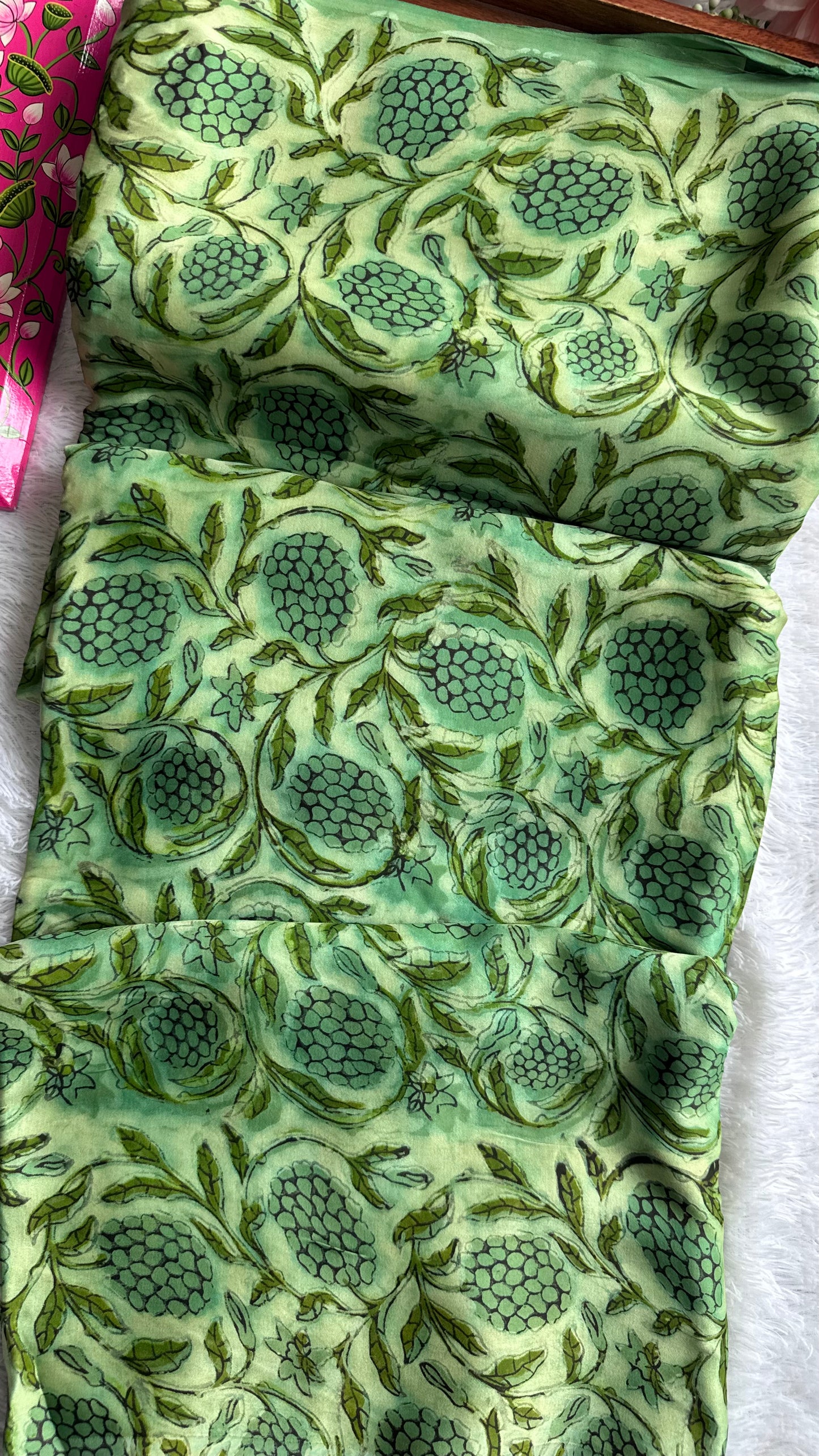 Green Shade Grape Cluster Motif Vanaspati Hand Block Print Pure Modal Silk Fabric