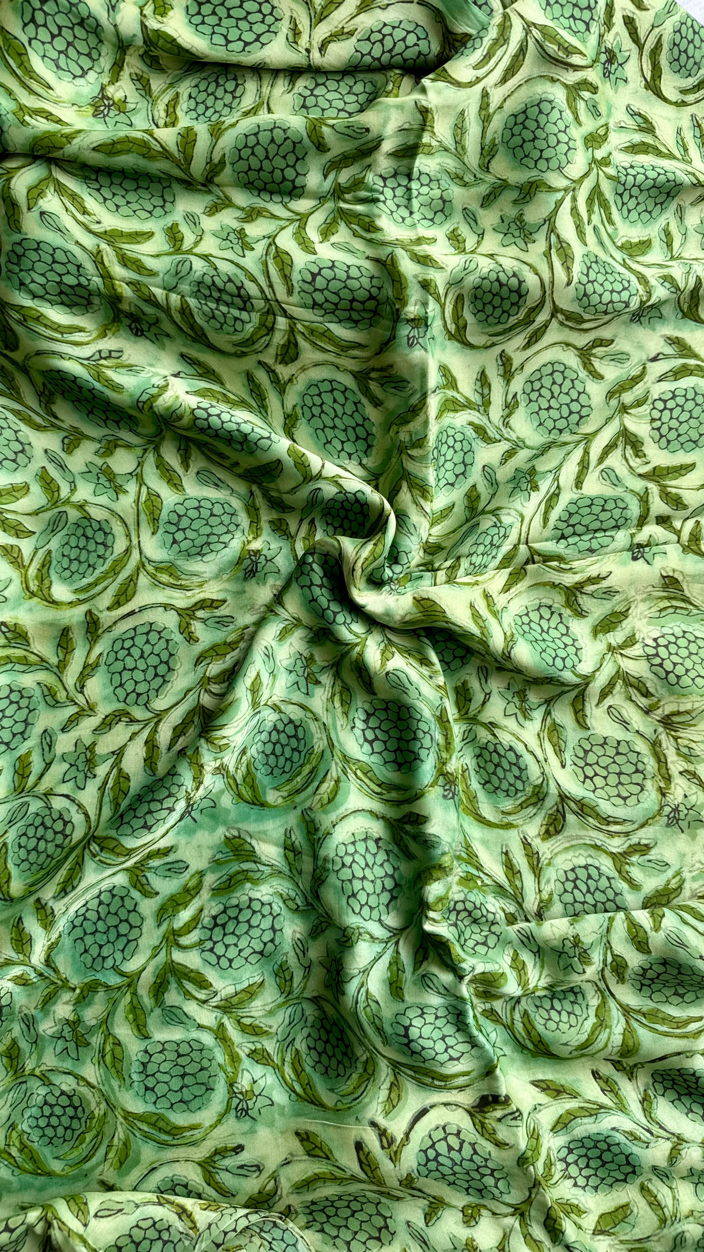 Green Shade Grape Cluster Motif Vanaspati Hand Block Print Pure Modal Silk Fabric