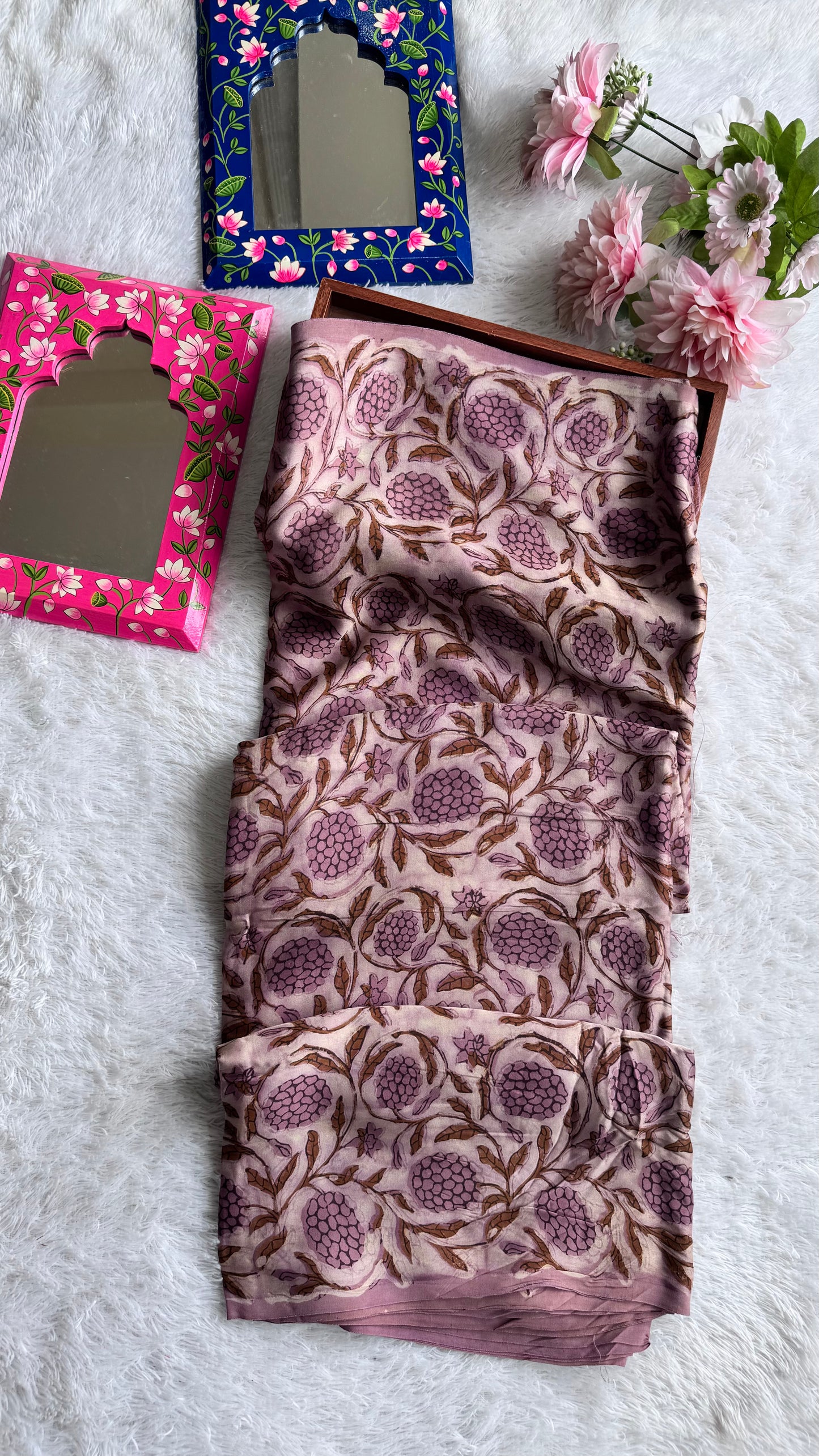 English Pink Shade Grape Cluster Motif Vanaspati Hand Block Print Pure Modal Silk Fabric