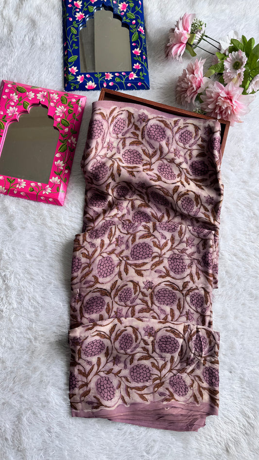 English Pink Shade Grape Cluster Motif Vanaspati Hand Block Print Pure Modal Silk Fabric