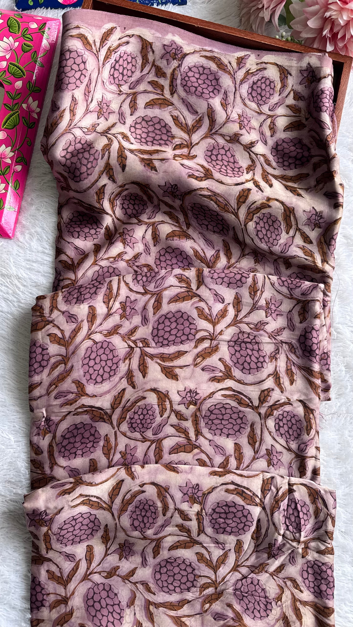 English Pink Shade Grape Cluster Motif Vanaspati Hand Block Print Pure Modal Silk Fabric