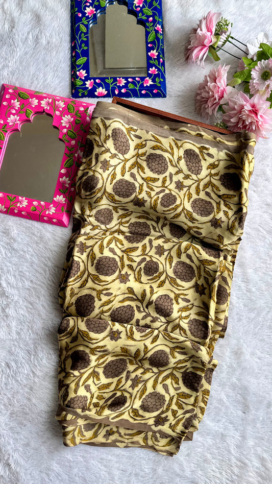 Beige Shade Grape Cluster Motif Vanaspati Hand Block Print Pure Modal Silk Fabric