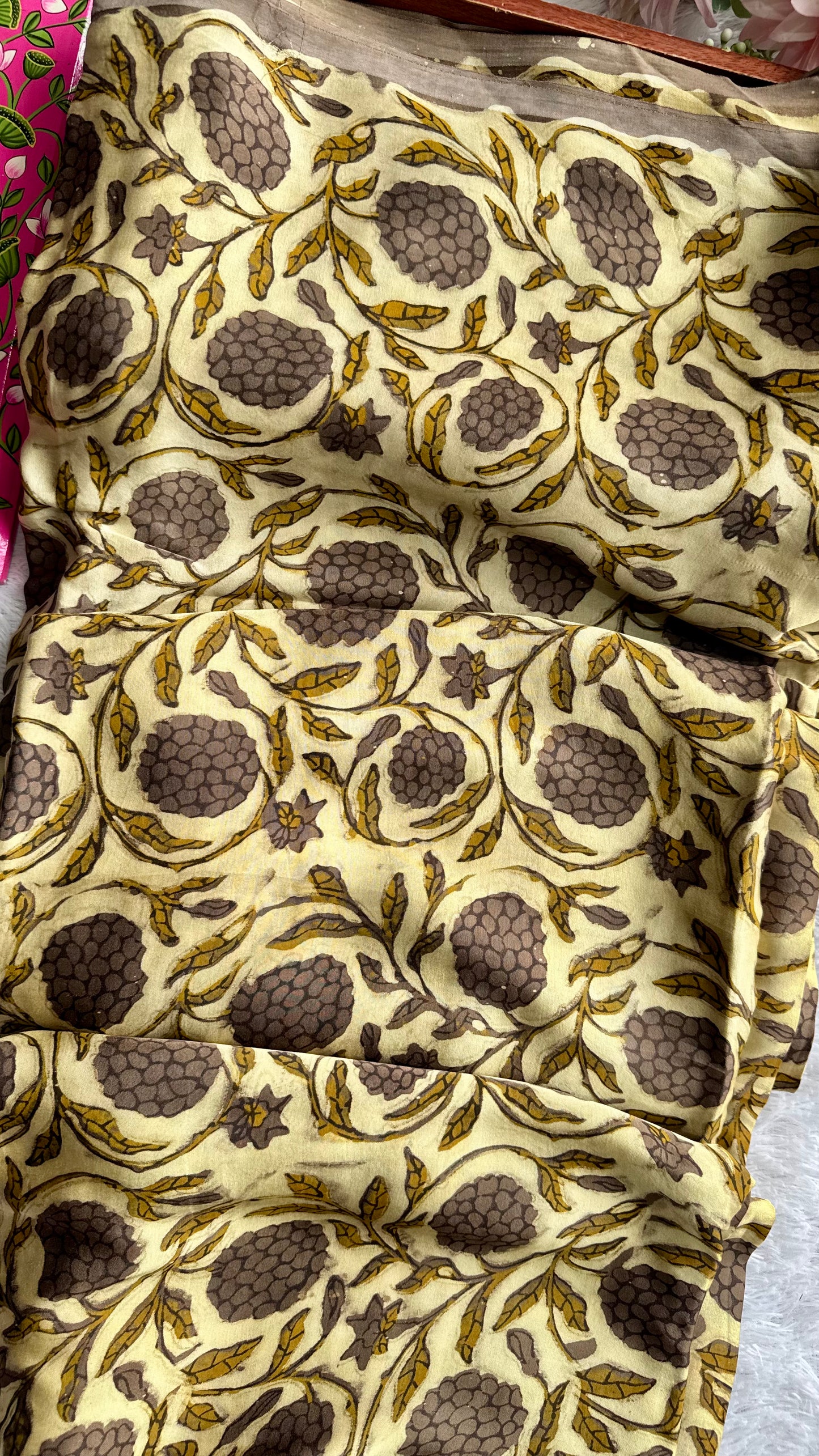 Beige Shade Grape Cluster Motif Vanaspati Hand Block Print Pure Modal Silk Fabric