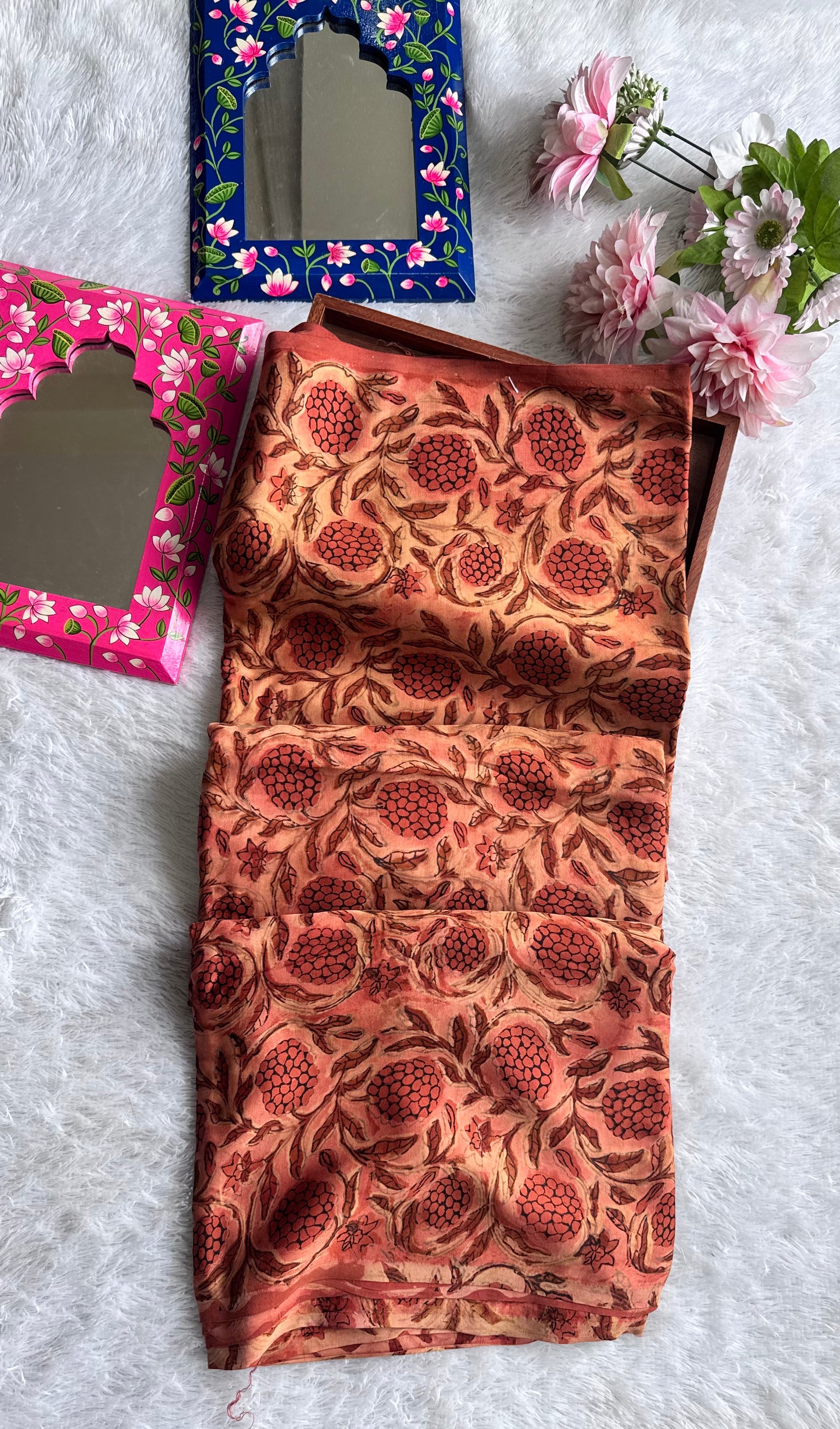 Brick Red Grape Cluster Motif Vanaspati Hand Block Print Pure Modal Silk Fabric