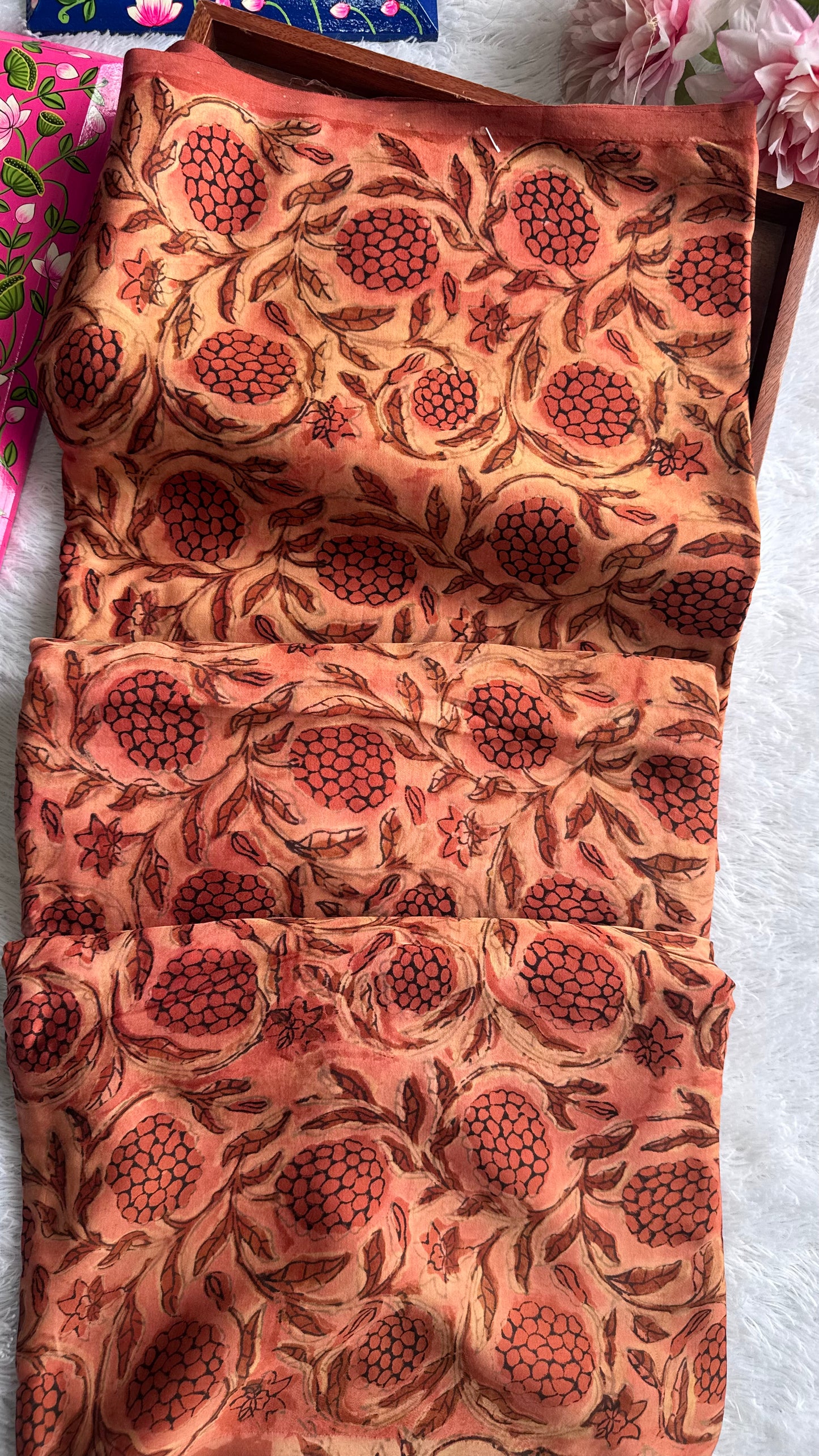 Brick Red Grape Cluster Motif Vanaspati Hand Block Print Pure Modal Silk Fabric