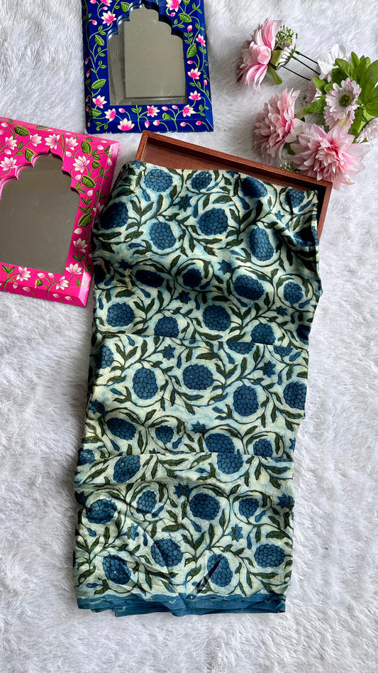 IndiGo Blue Grape Cluster Motif Vanaspati Hand Block Print Pure Modal Silk Fabric