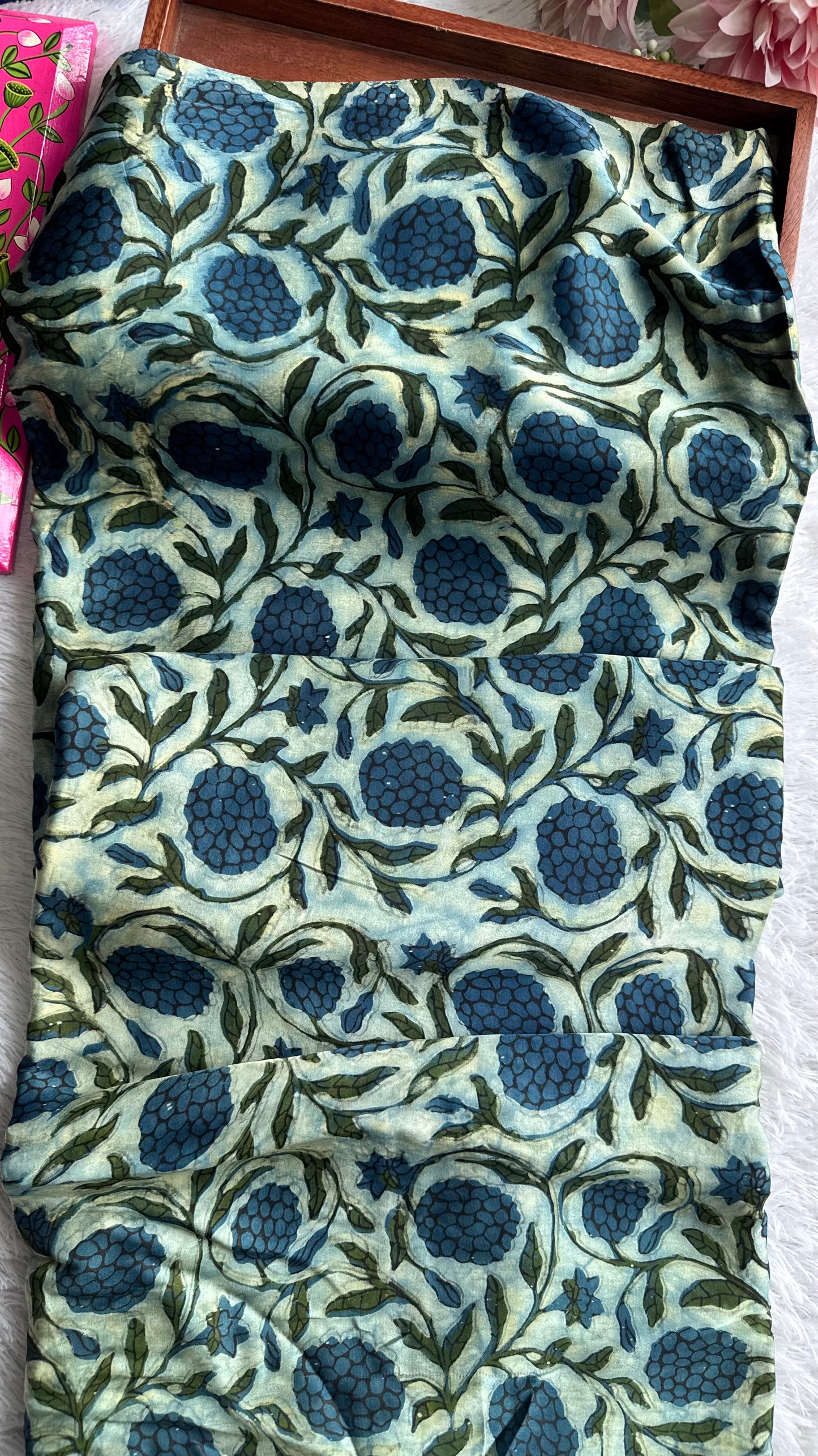 IndiGo Blue Grape Cluster Motif Vanaspati Hand Block Print Pure Modal Silk Fabric
