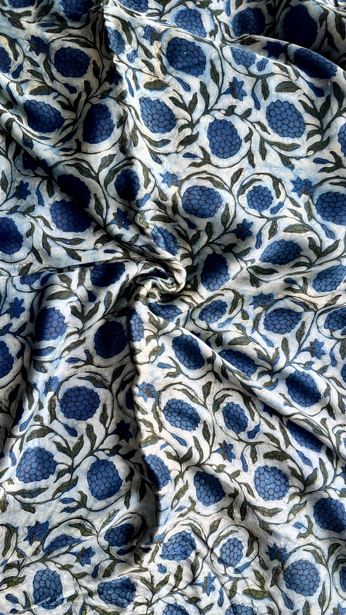 IndiGo Blue Grape Cluster Motif Vanaspati Hand Block Print Pure Modal Silk Fabric