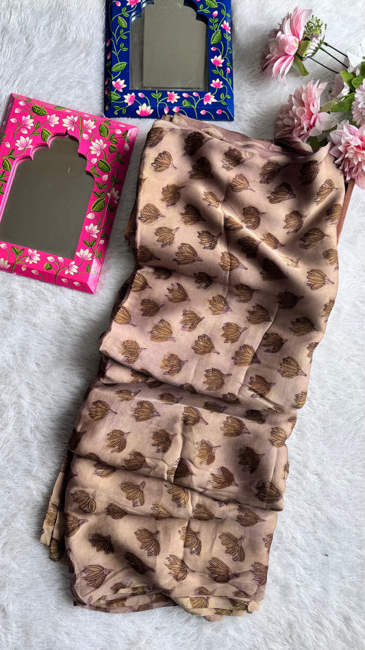 Pinkish Brown Blooming Bud Motif Vanaspati Hand Block Print Pure Modal Silk Fabric
