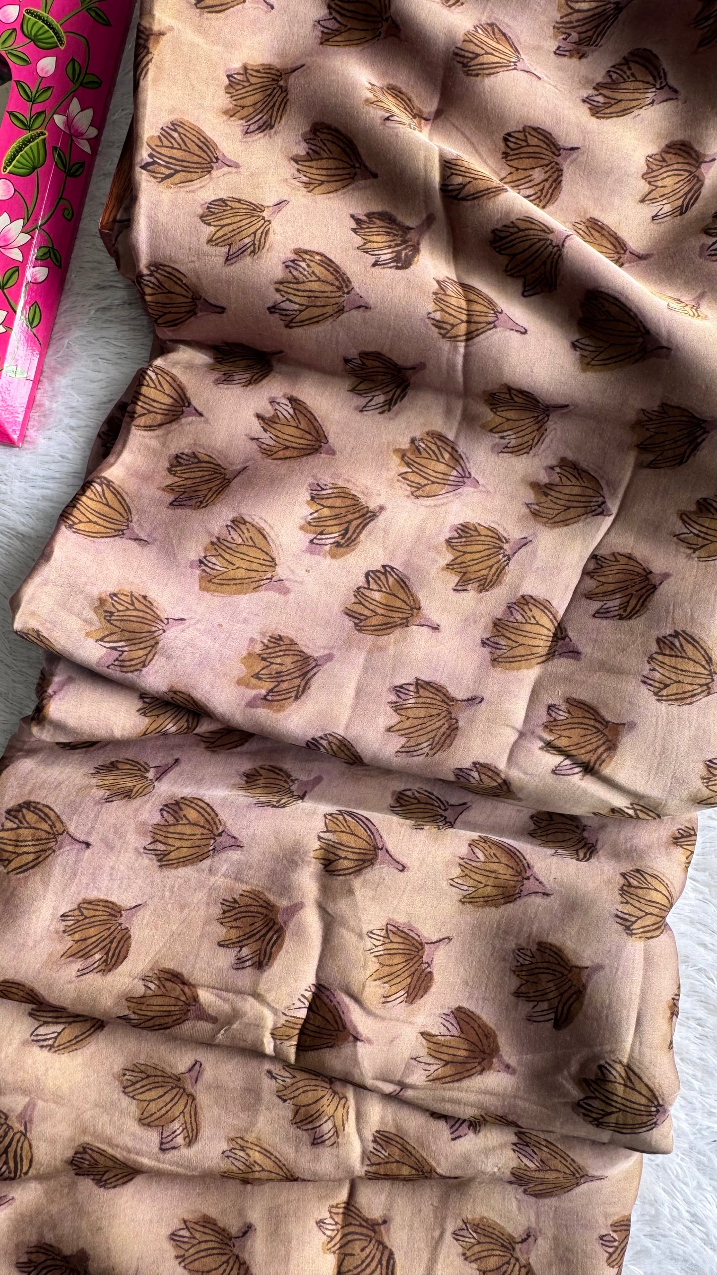 Pinkish Brown Blooming Bud Motif Vanaspati Hand Block Print Pure Modal Silk Fabric