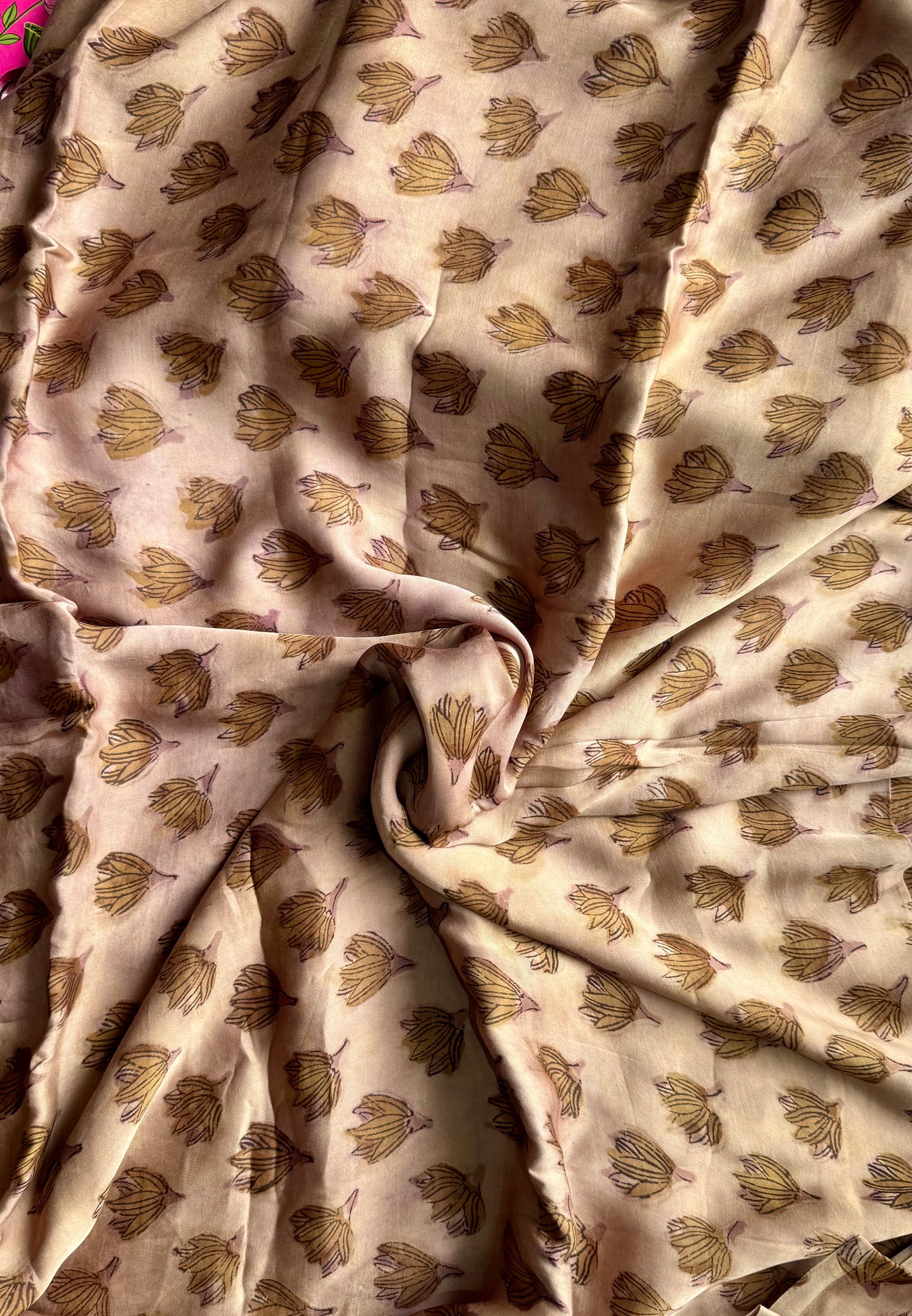 Pinkish Brown Blooming Bud Motif Vanaspati Hand Block Print Pure Modal Silk Fabric