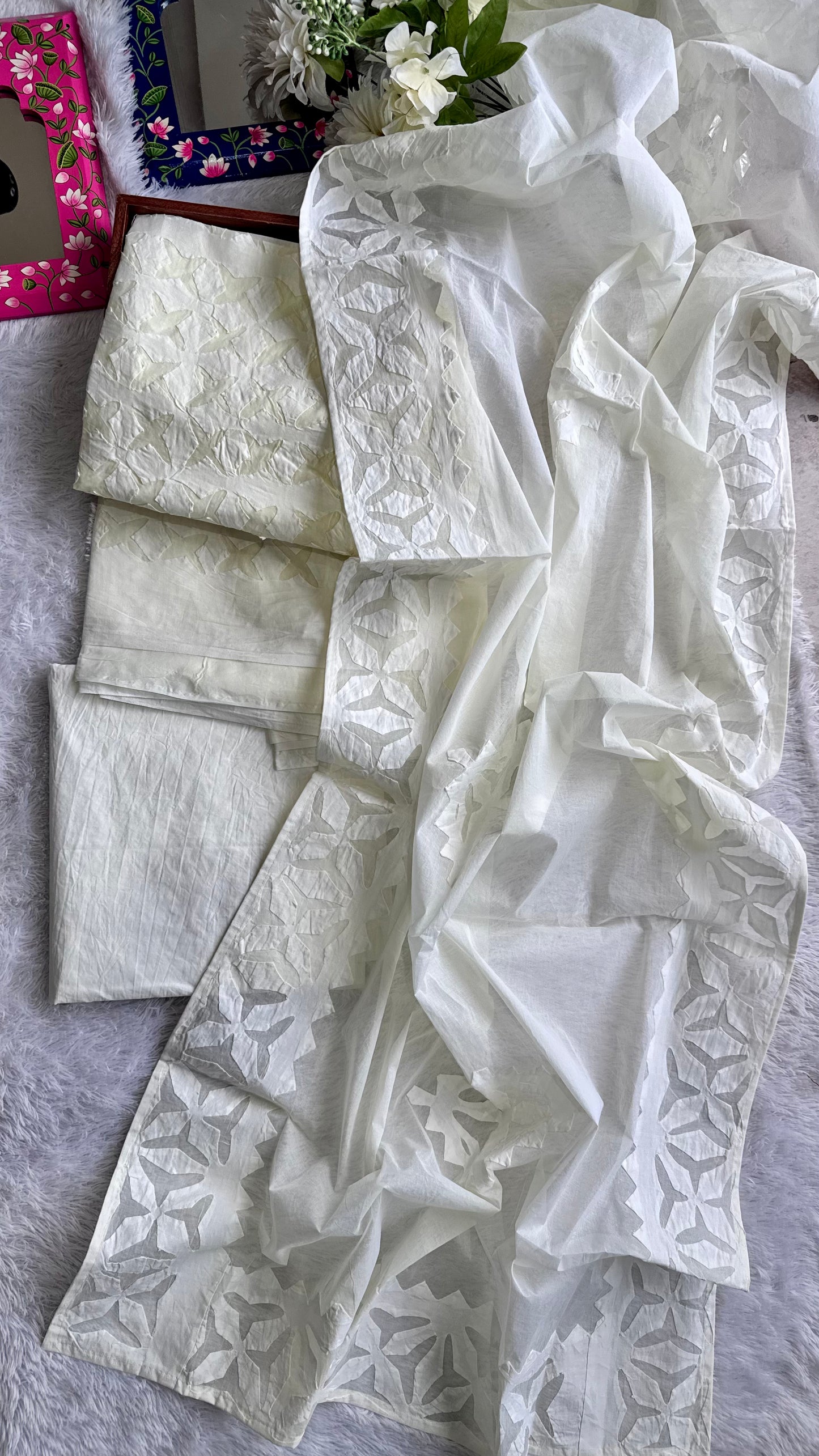 Light ButterCream Barmer Applique Cut Work Cotton 3pc Suit Material Set