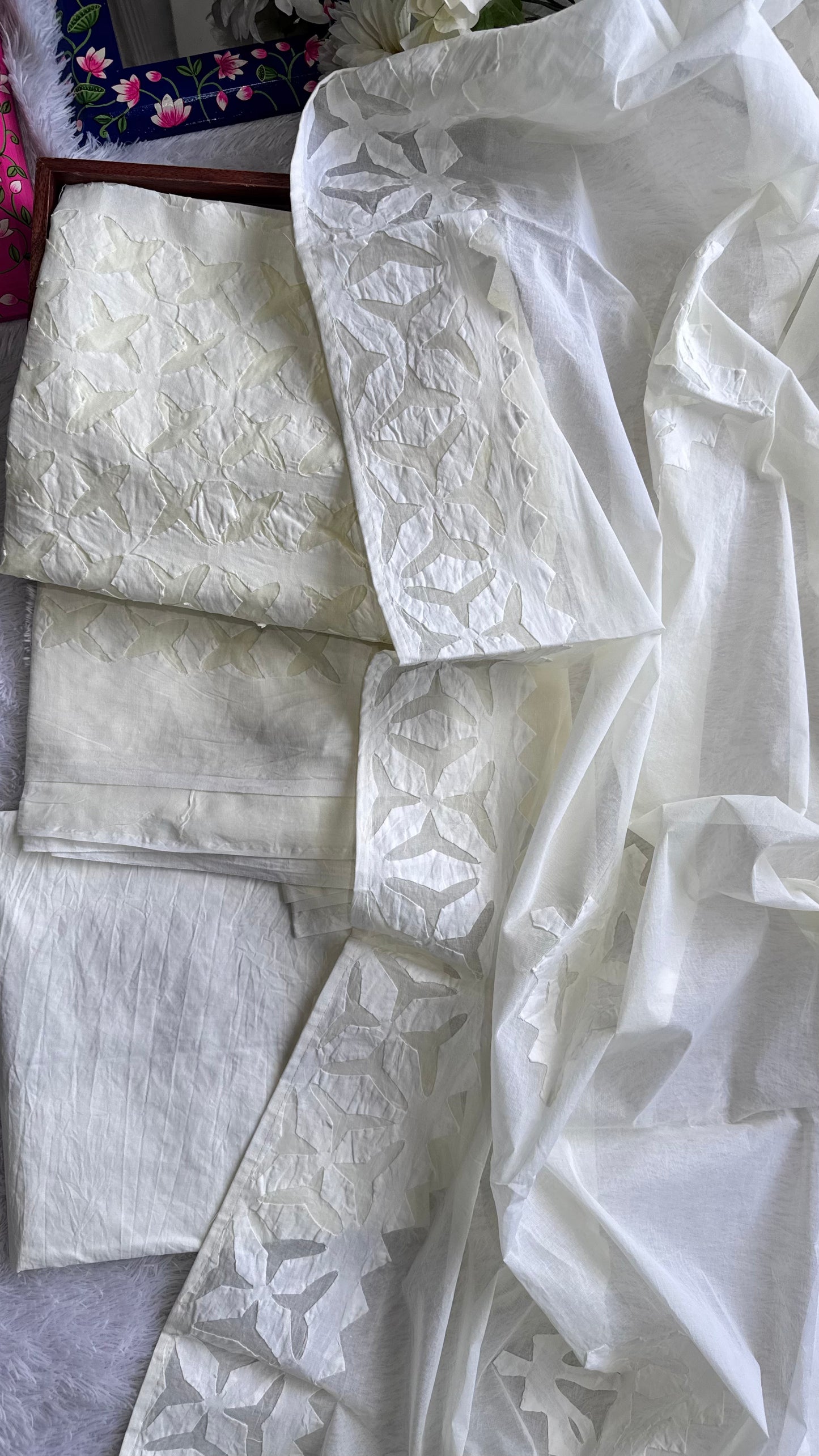 Light ButterCream Barmer Applique Cut Work Cotton 3pc Suit Material Set