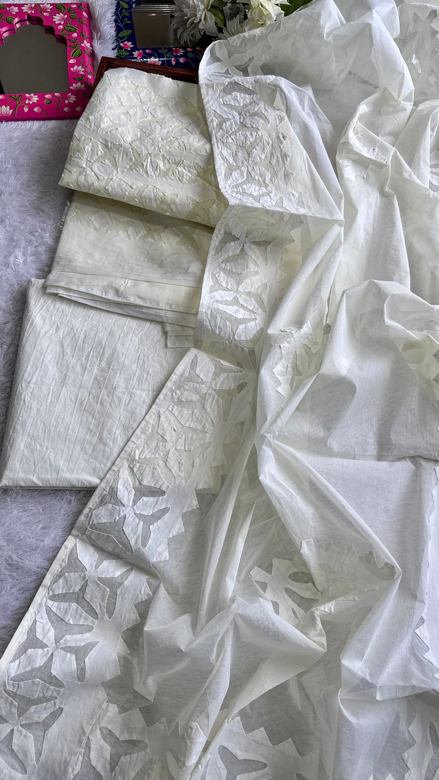 Light ButterCream Barmer Applique Cut Work Cotton 3pc Suit Material Set