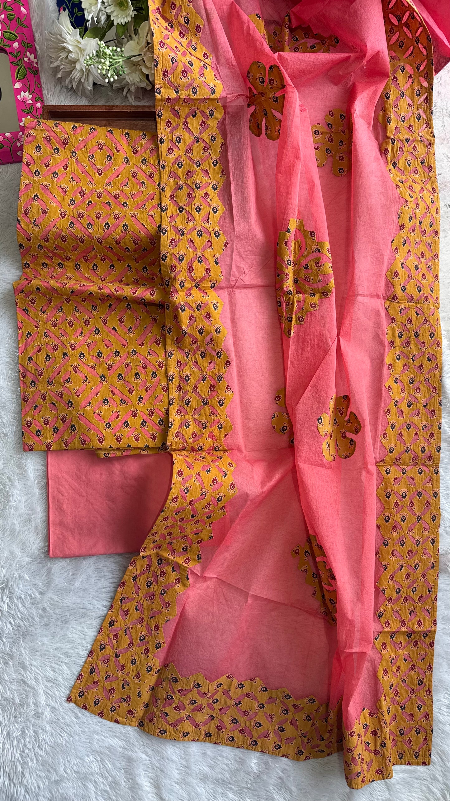 Pink Ajrakh Pure Cotton Applique Suit Set with Ajrakh Applique CutWork Dupatta