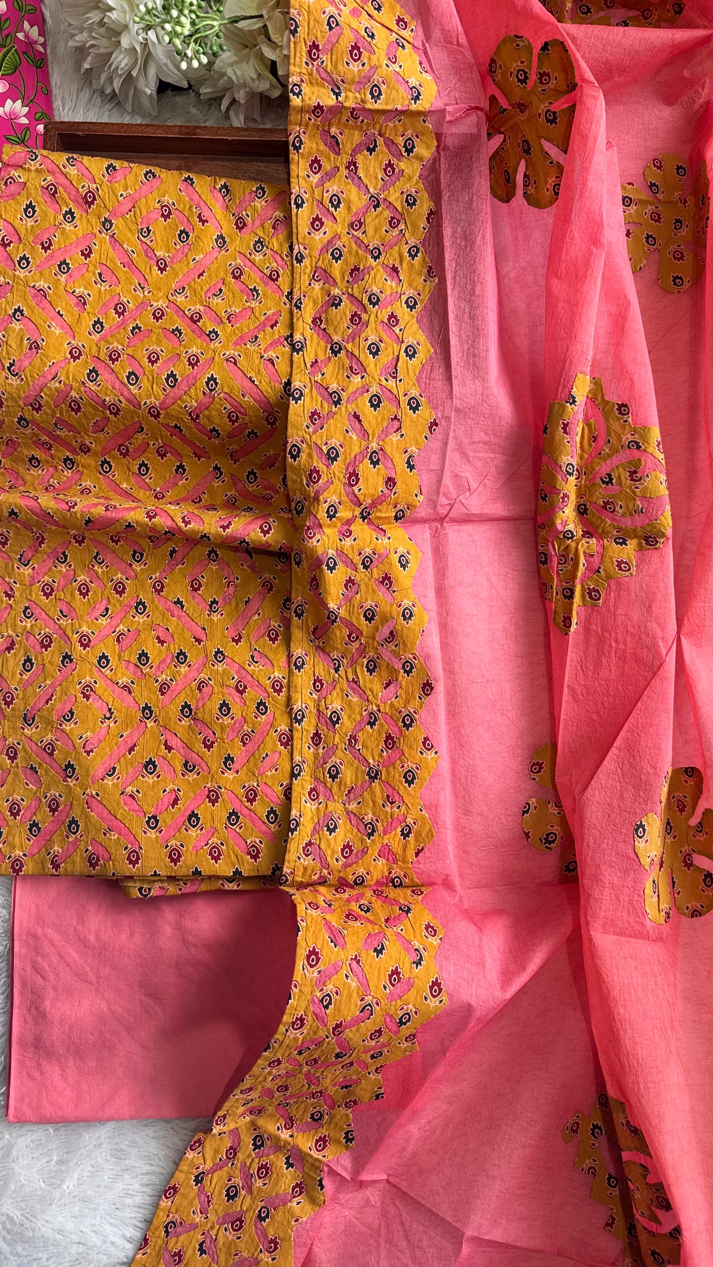 Pink Ajrakh Pure Cotton Applique Suit Set with Ajrakh Applique CutWork Dupatta