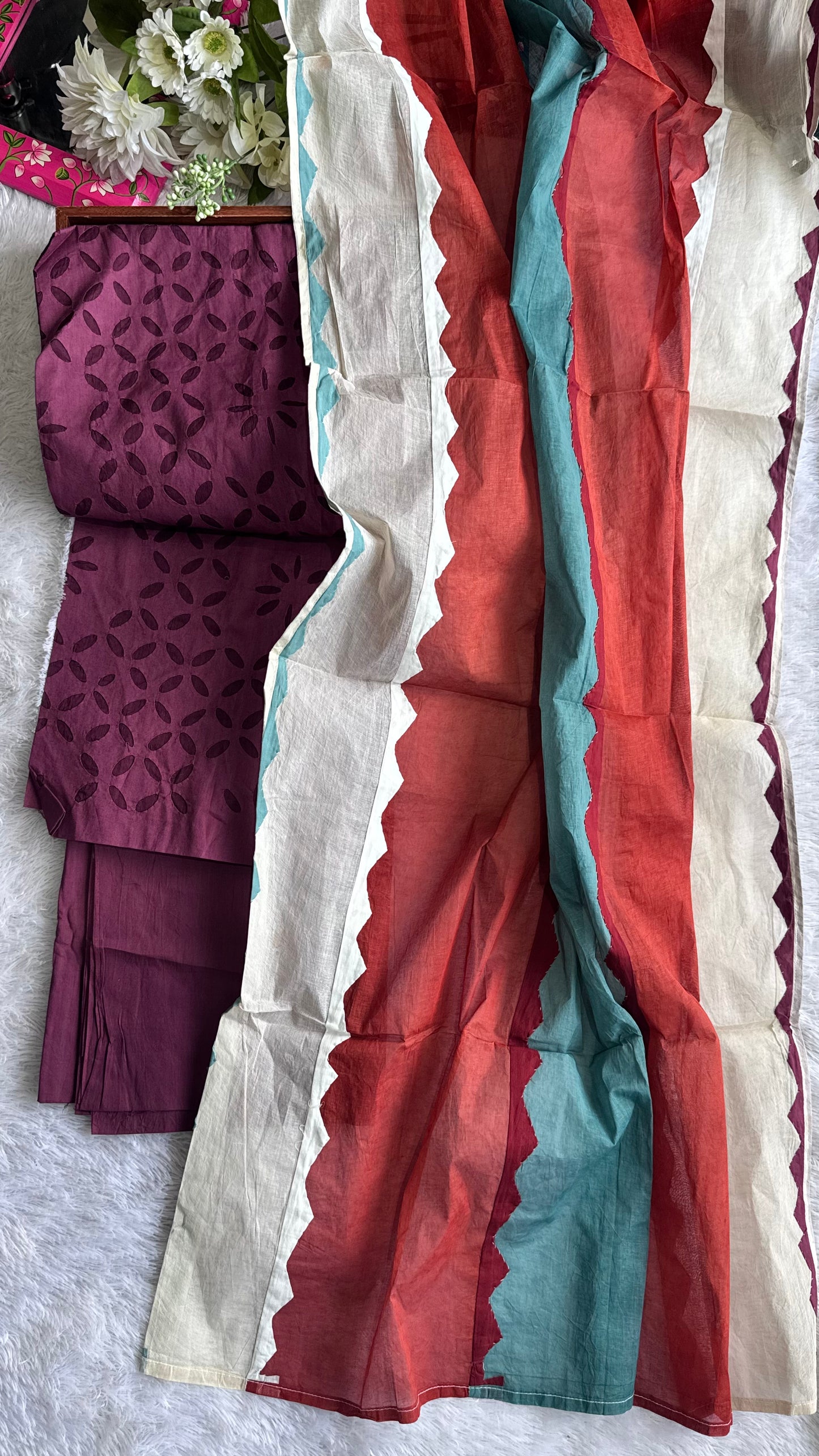 Plum Shade Pure Cotton Applique Suit Set with Multicolor Applique CutWork Dupatta
