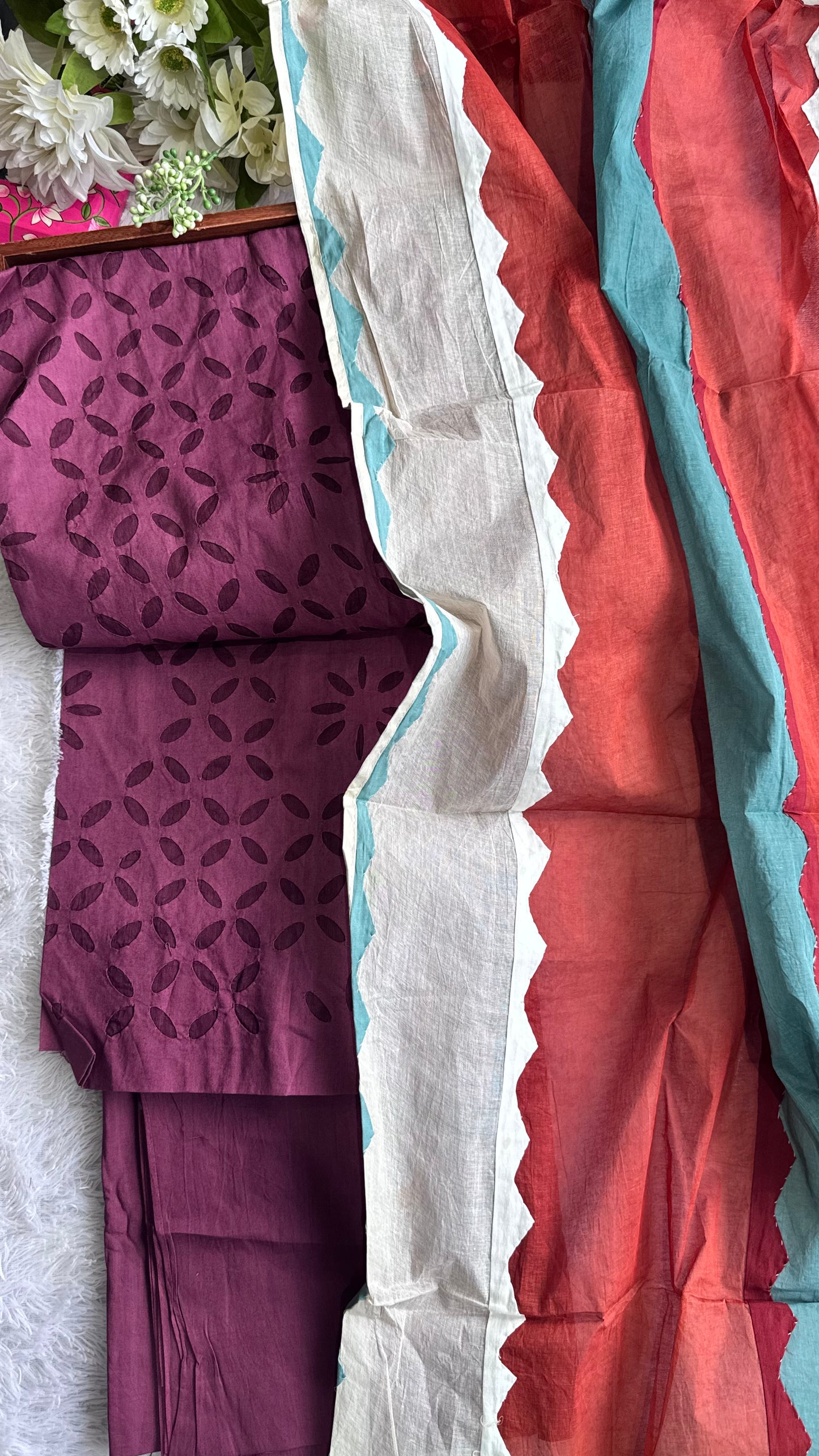 Plum Shade Pure Cotton Applique Suit Set with Multicolor Applique CutWork Dupatta