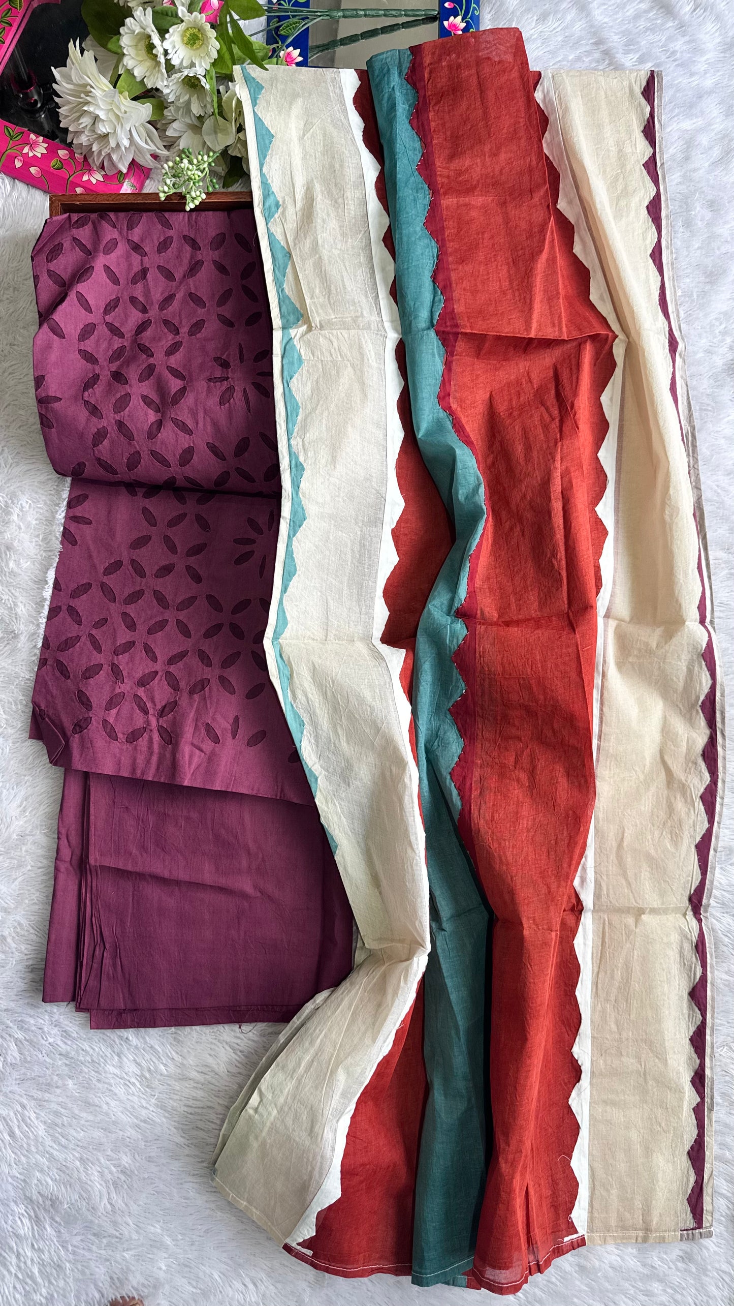Plum Shade Pure Cotton Applique Suit Set with Multicolor Applique CutWork Dupatta